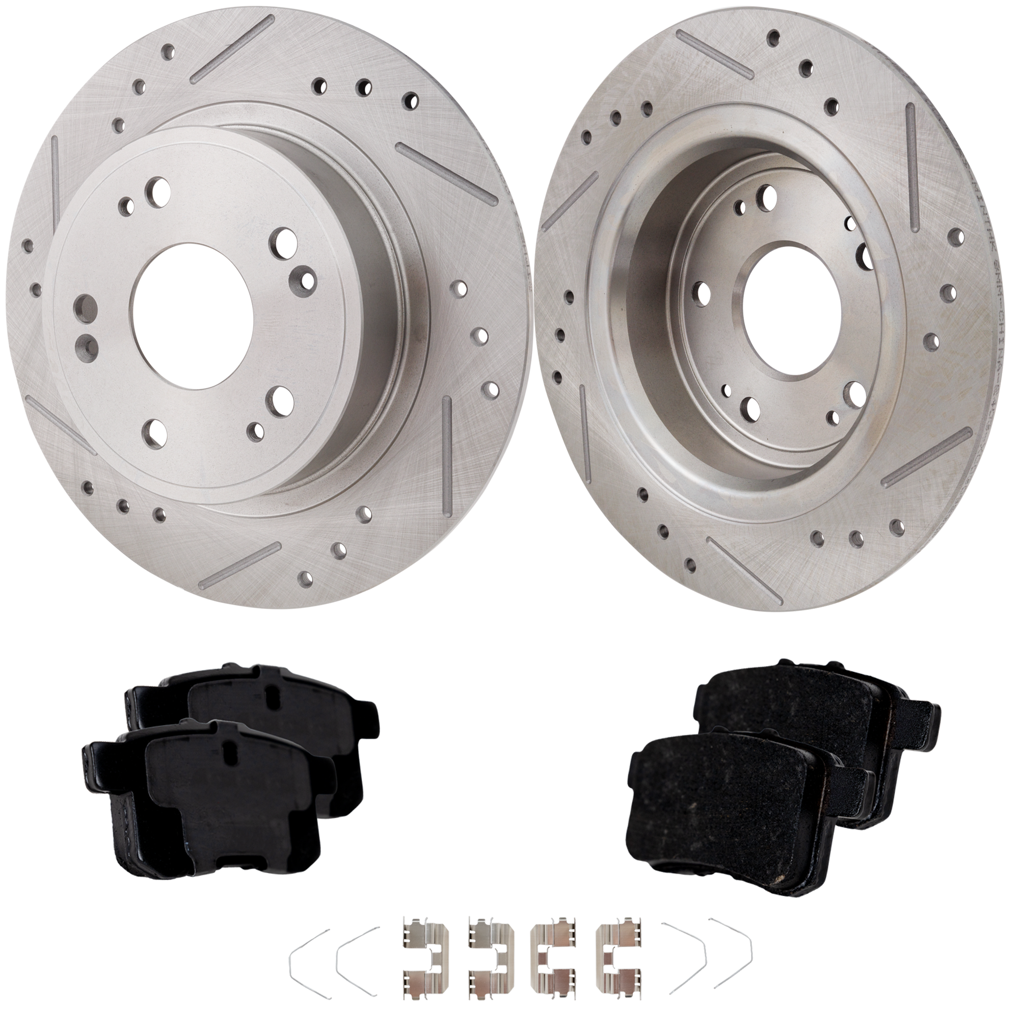 AM TSX 11-14 ACCORD 11-17 REAR BRAKE DISC AND PAD KIT 4 pc Kit Cross drilled and Slotted Ceramic SKU KIT 022323-11 OEM 31479-44594-44763-0833159-0833