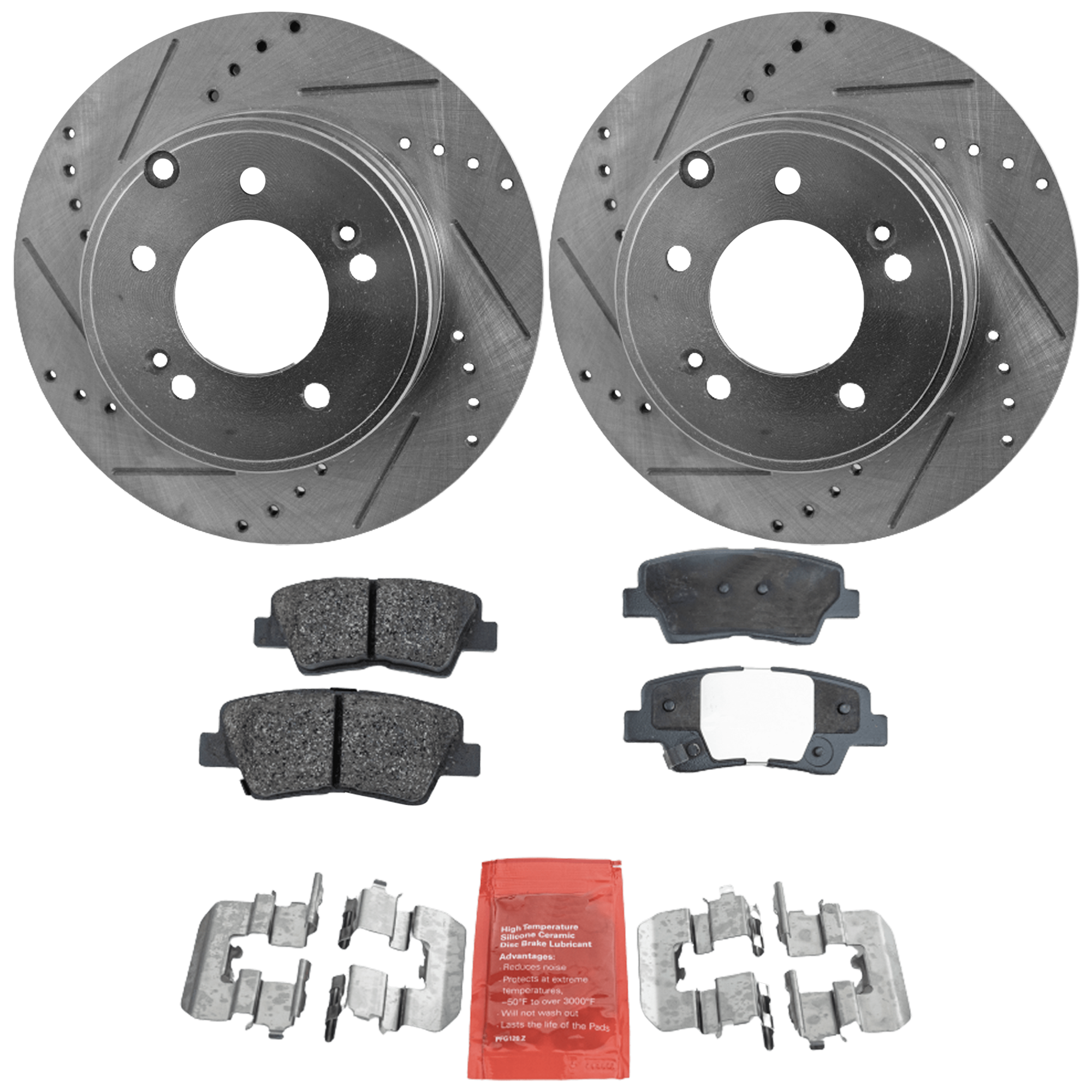 AM SONATA 09-09 AZERA 10-11 REAR BRAKE DISC AND PAD KIT 2 Wheel Set Cross drilled and Slotted Ceramic SKU KIT 022323-15 OEM 31424-31586-44625-0833180-9804