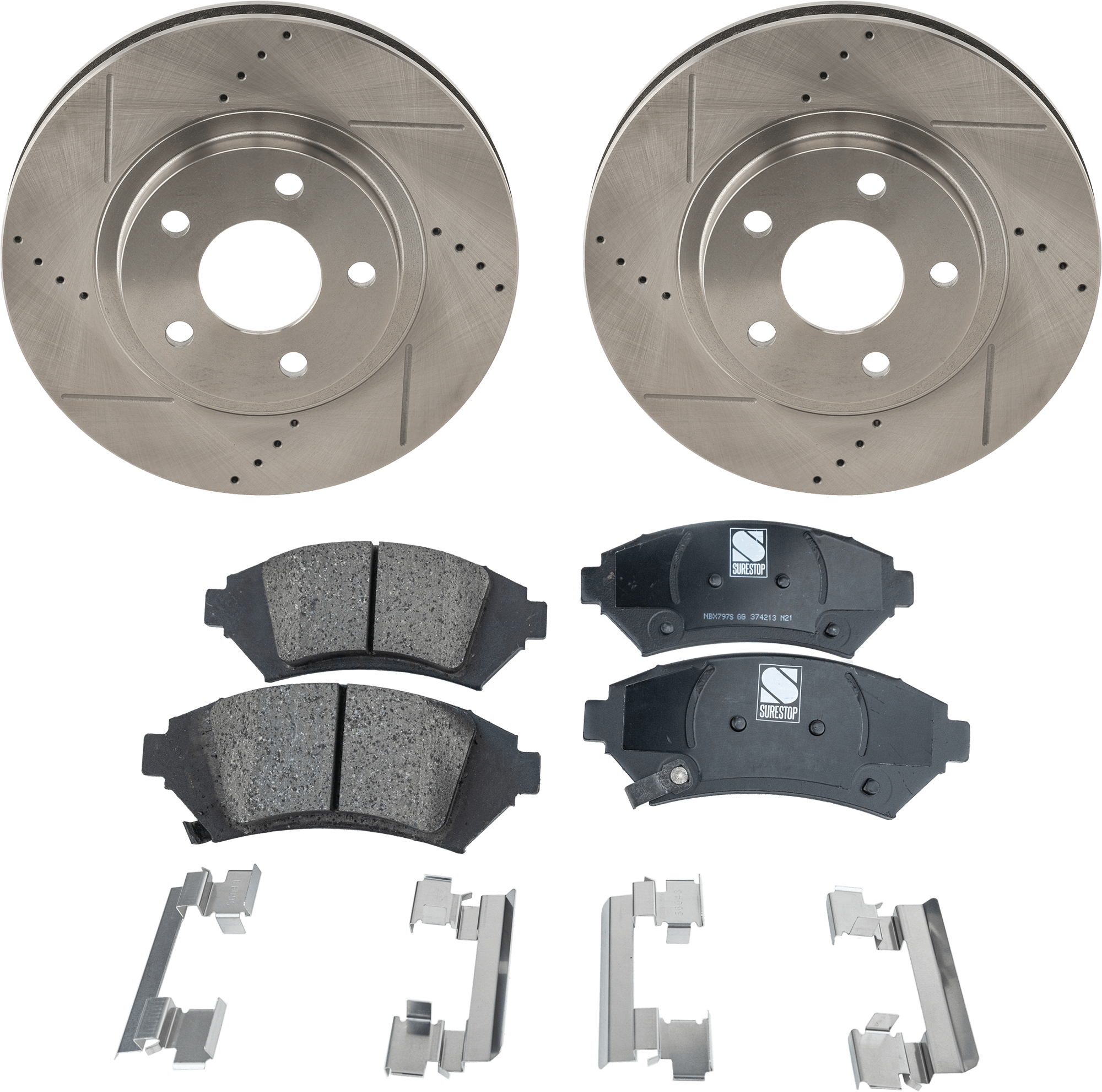AM DEVILLE IMPALA 05-05 FRONT BRAKE DISC AND PAD KIT 4 pc Kit Cross drilled and Slotted Ceramic SKU KIT 022323-22 OEM 19902-55034-56641-65935-101703