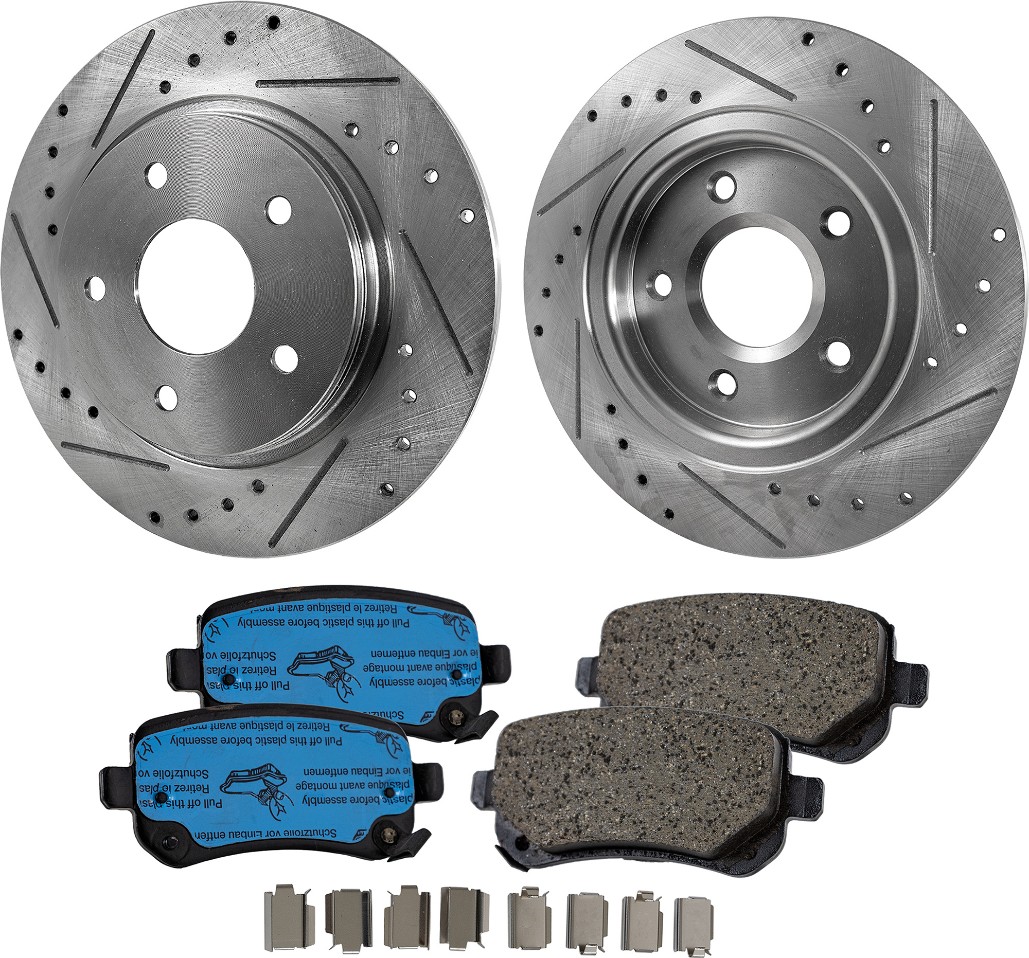 AM GRAND CARAVAN TOWN COUNTRY 08-12 REAR BRAKE DISC AND PAD KIT 4 pc Kit Cross drilled and Slotted SKU KIT 022323-24 OEM 19302-43167-43538-53050-63052