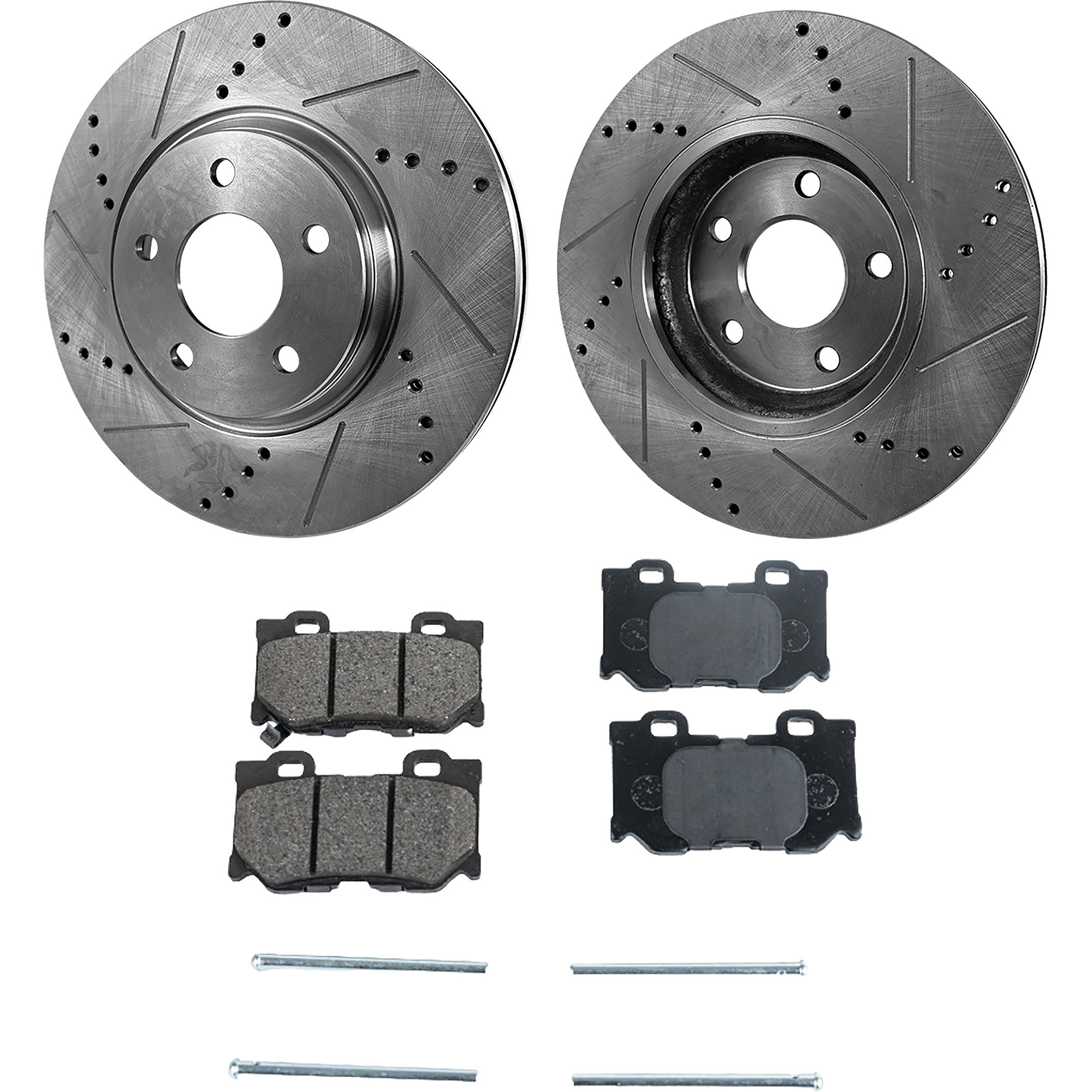 AM M56-11-13 Q50-14-17 REAR BRAKE DISC AND PAD KIT 2 Wheel Set Cross drilled and Slotted Non Asbestos Organic SKU KIT 022323-28 OEM 31348-145537-0832970-980155-48