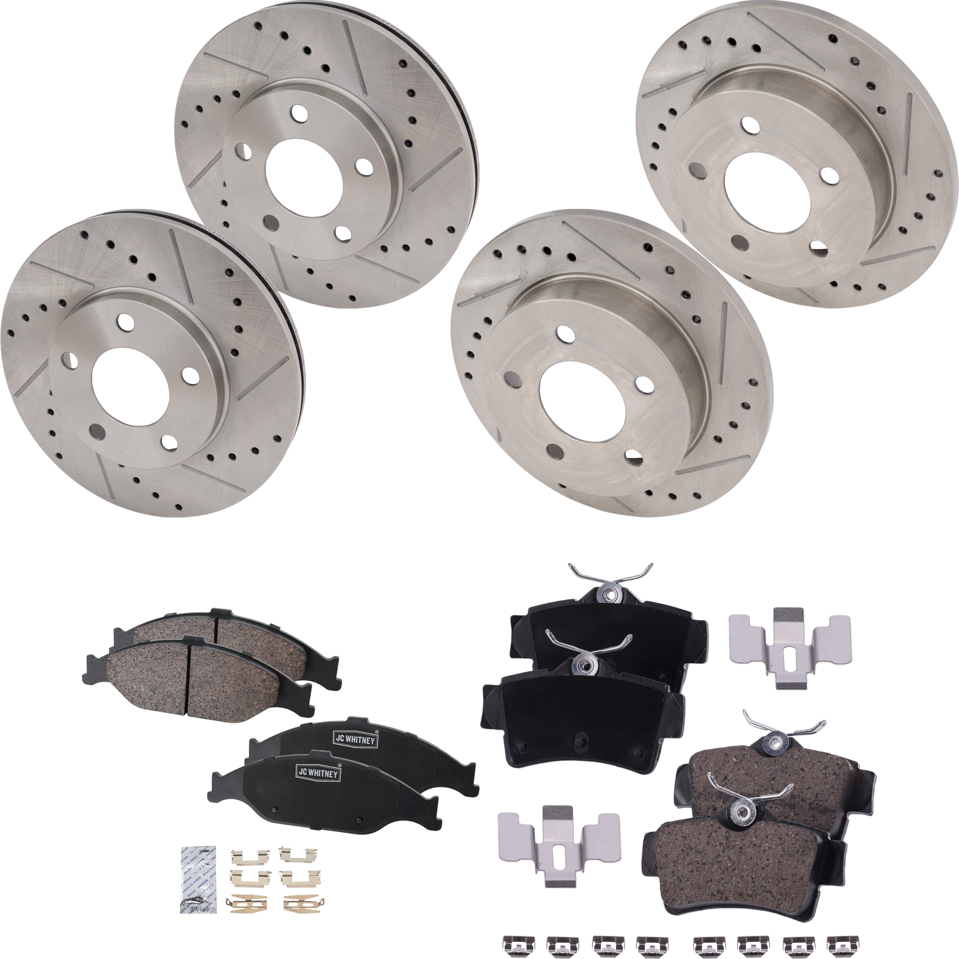 AM MUSTANG 03-04 FRONT AND REAR BRAKE DISC AND PAD KIT 4 Wheel Set Cross drilled and Slotted 5 Lugs Ceramic SKU KIT 022323-31 OEM 1217-19728-27111-54017-65865-6