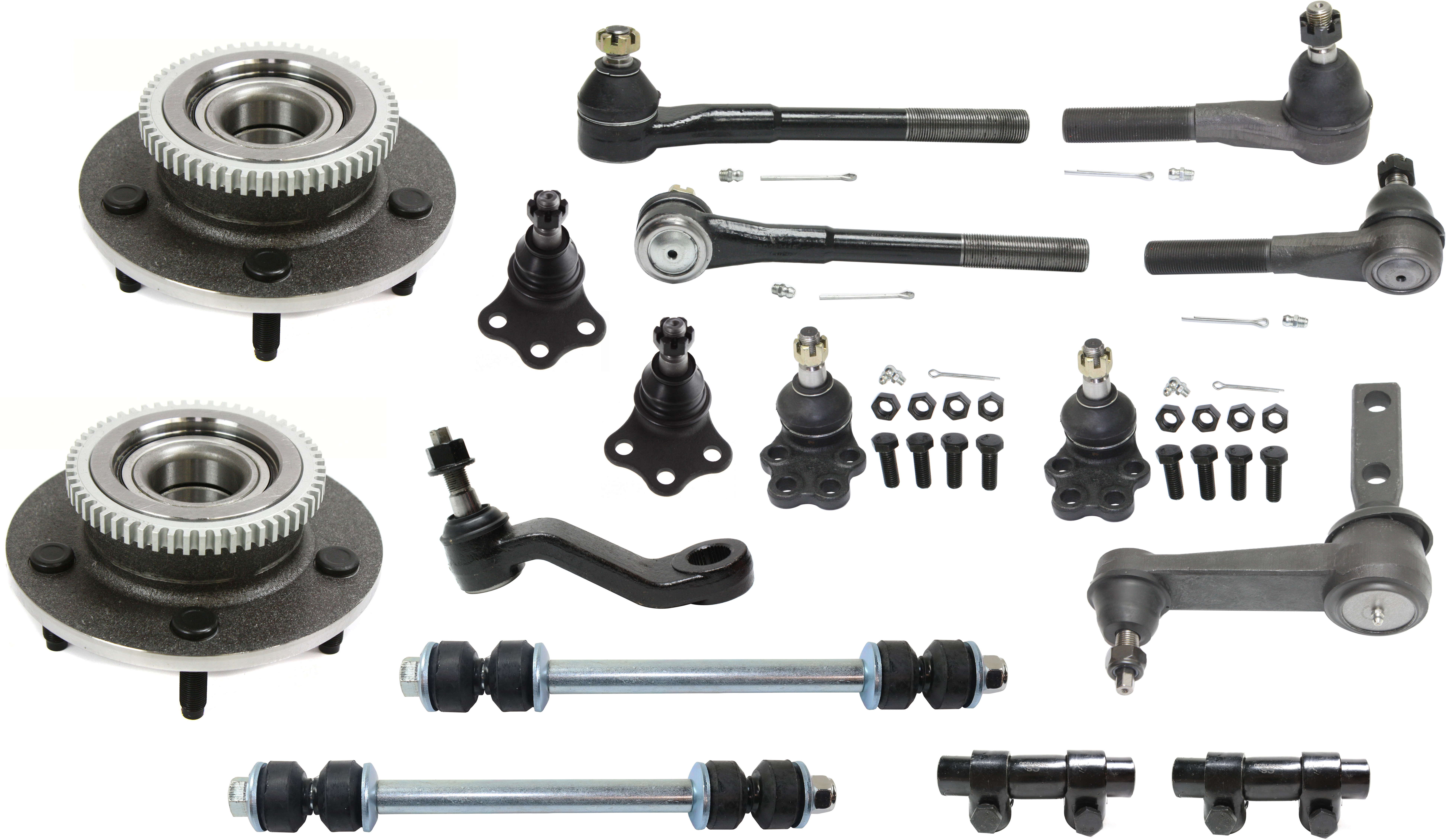 AM RAM 1500-00-01 FRONT SUSPENSION KIT 16 pc Kit with Ball Joints Idler Arm Pitman Arm Sway Bar Links Tie Rod Ends Tie Rod Adjusting Sleeves and Wheel Hubs SKU KIT 022421-03-61 OEM 104278-521882-2601532-5001105
