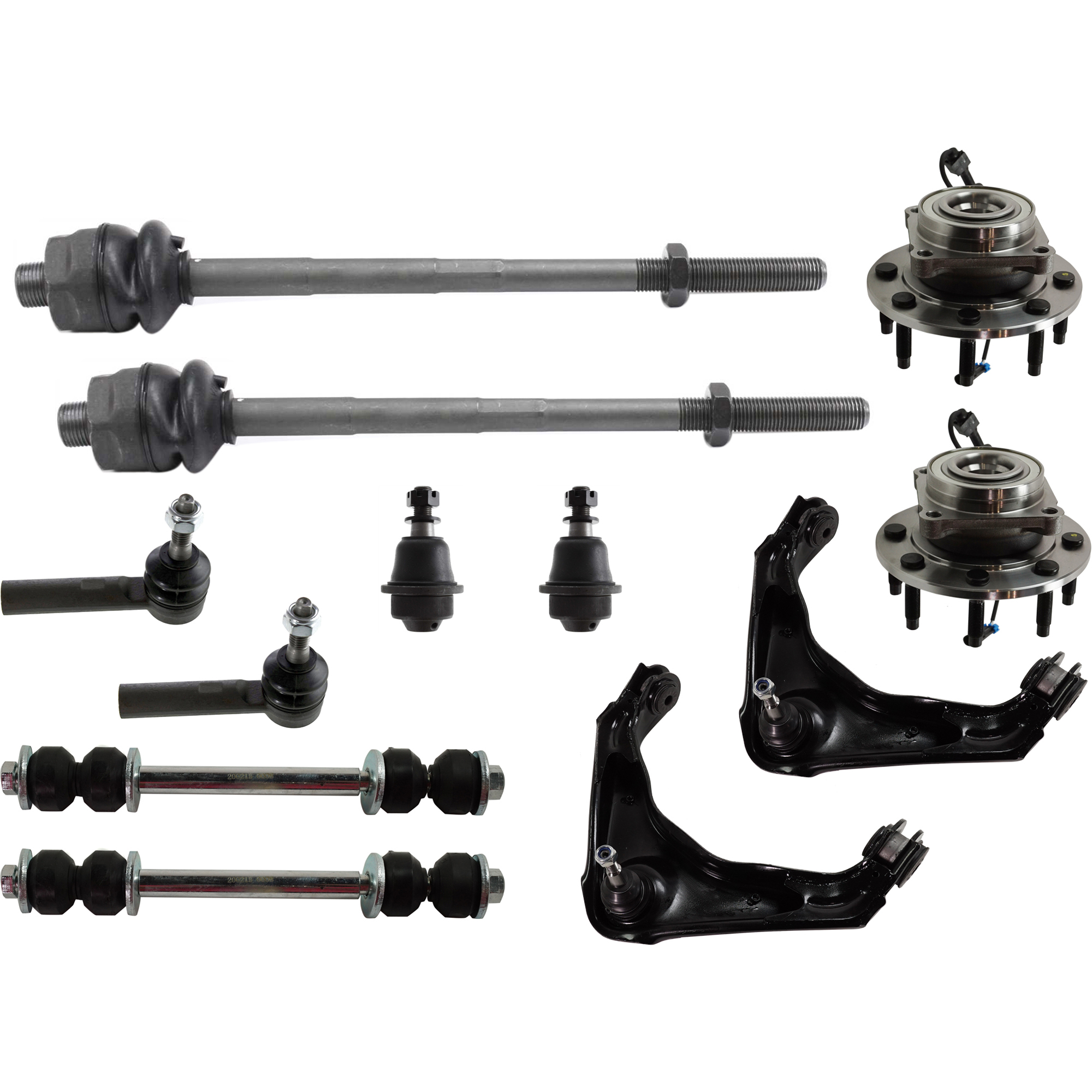 AM SIERRA SILVERADO 01-07 FRONT CONTROL ARM KIT RH AND LH Upper 12 pc Kit with Ball Joints Sway Bar Links Tie Rod Ends and Wheel Hubs SKU KIT 022421-03-70 OEM 114327-2601529-2601654-5051273