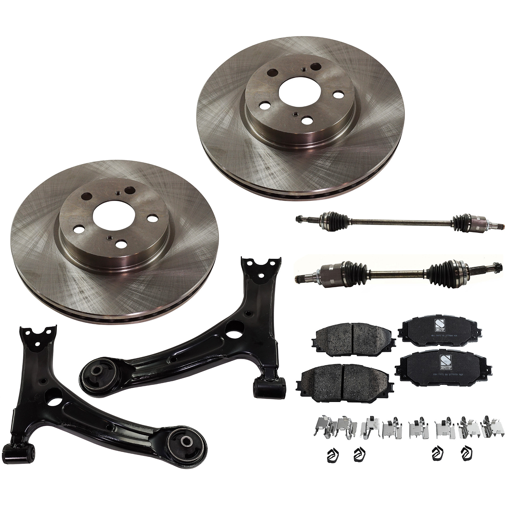 AM COROLLA MATRIX 09-13 FRONT CV AXLE ASSEMBLY RH AND LH 7 pc kit w Control Arms Brake Pad Set and Brake Disc SKU KIT 022422-0045 Partslink TO4511101 TO4510101 OEM 4-351-202-270-435-120-000-000-000-000