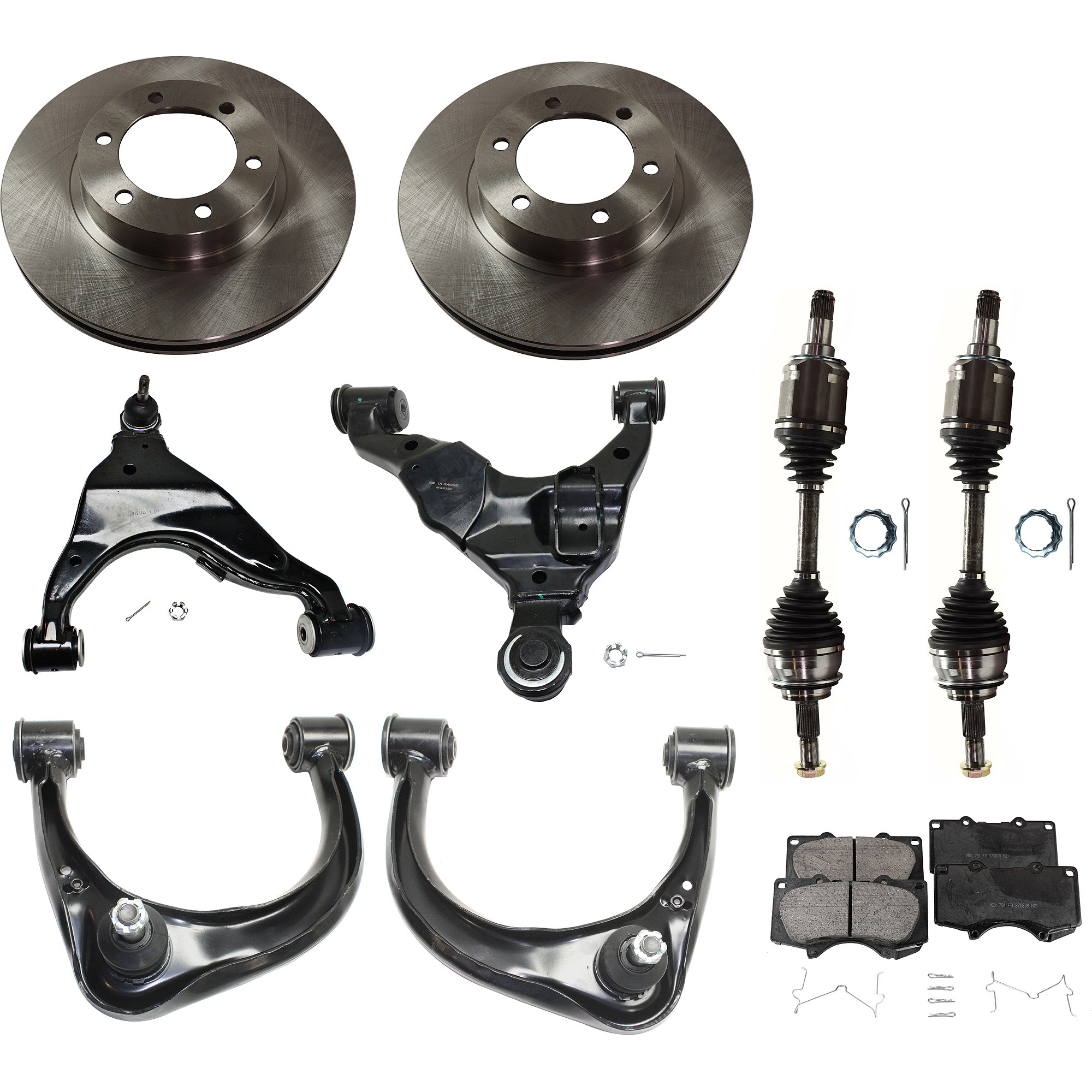 AM 4RUNNER GX470-03-09 FRONT CONTROL ARM RH AND LH 9 pc kit with Axle Assemblies Brake Discs and Brake Pad Set SKU KIT 022422-0091 OEM 4351260150-4351260151-04465040