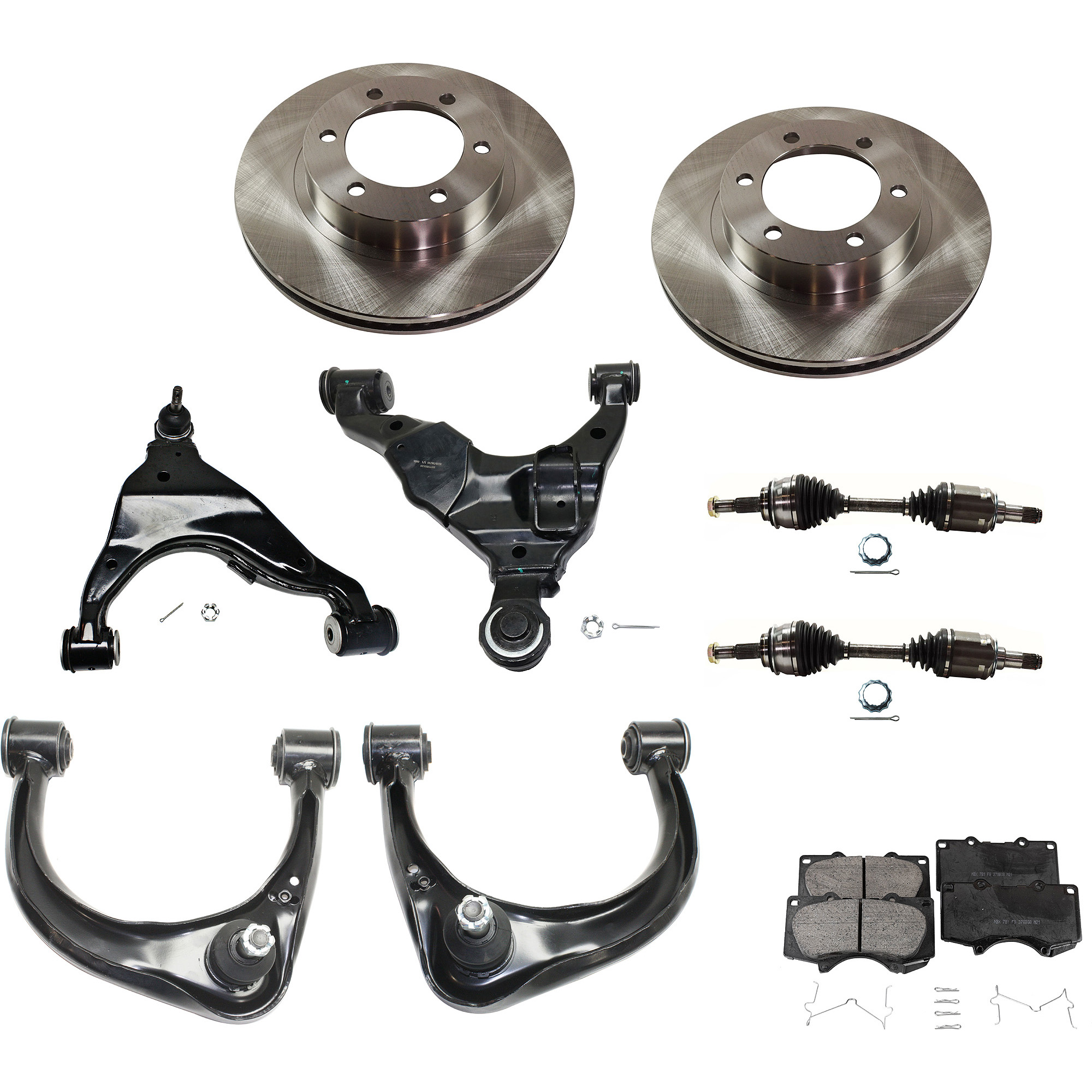 AM 4RUNNER 03-09 FJ CRUISER 07-09 FRONT CONTROL ARM KIT RH AND LH 10 pc kit with Ball Joints with Brake Discs Brake Pad Set and Axle Assemblies SKU KIT 022422-0092 OEM 4351235320-4351235321-04465040