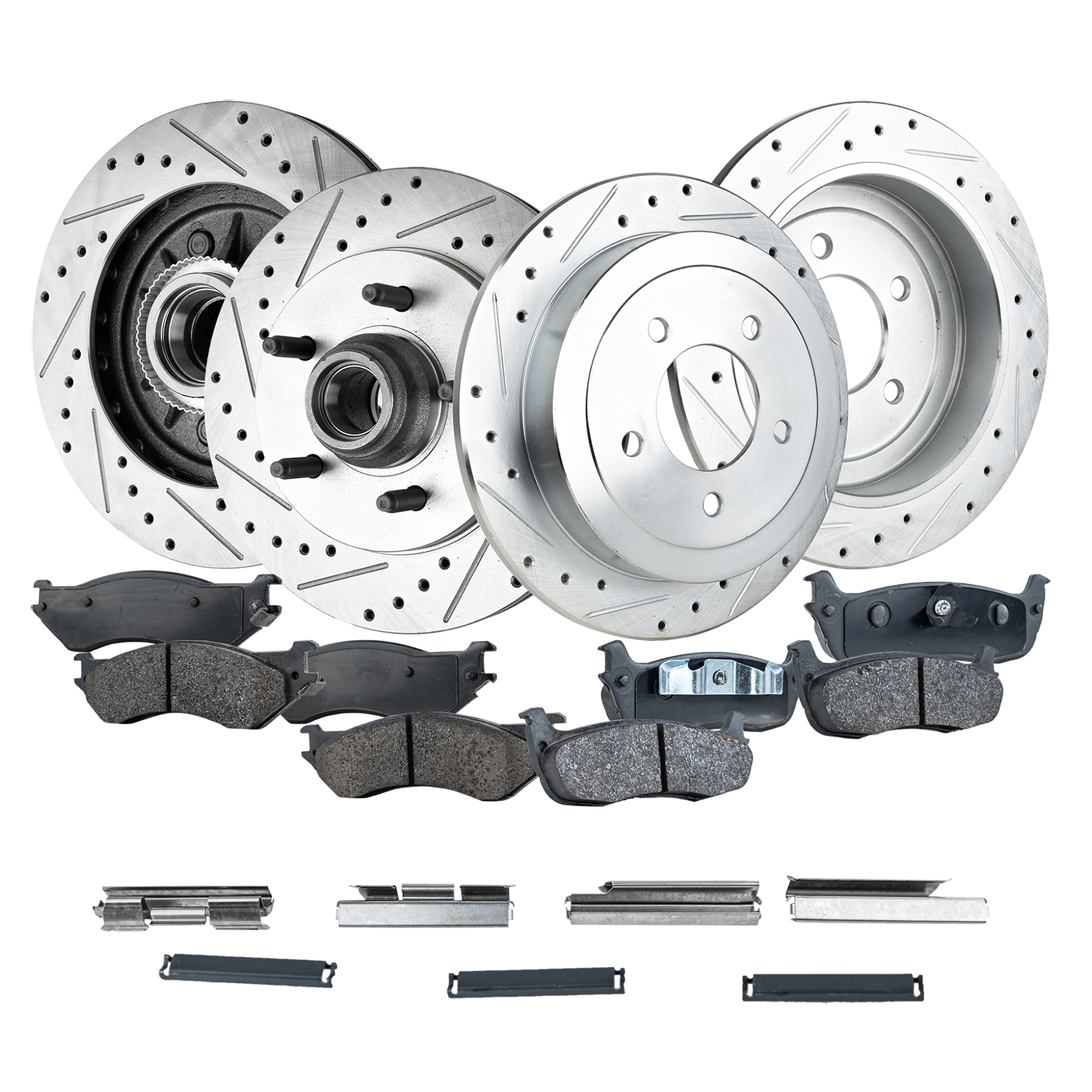 AM EXPEDITION 99-02 F 150-00-03 FRONT AND REAR BRAKE DISC AND PAD KIT 8 pc Kit Cross drilled and Slotted 5 Lugs SKU KIT 022423-03 OEM 19686-54091-66984-145303-49230