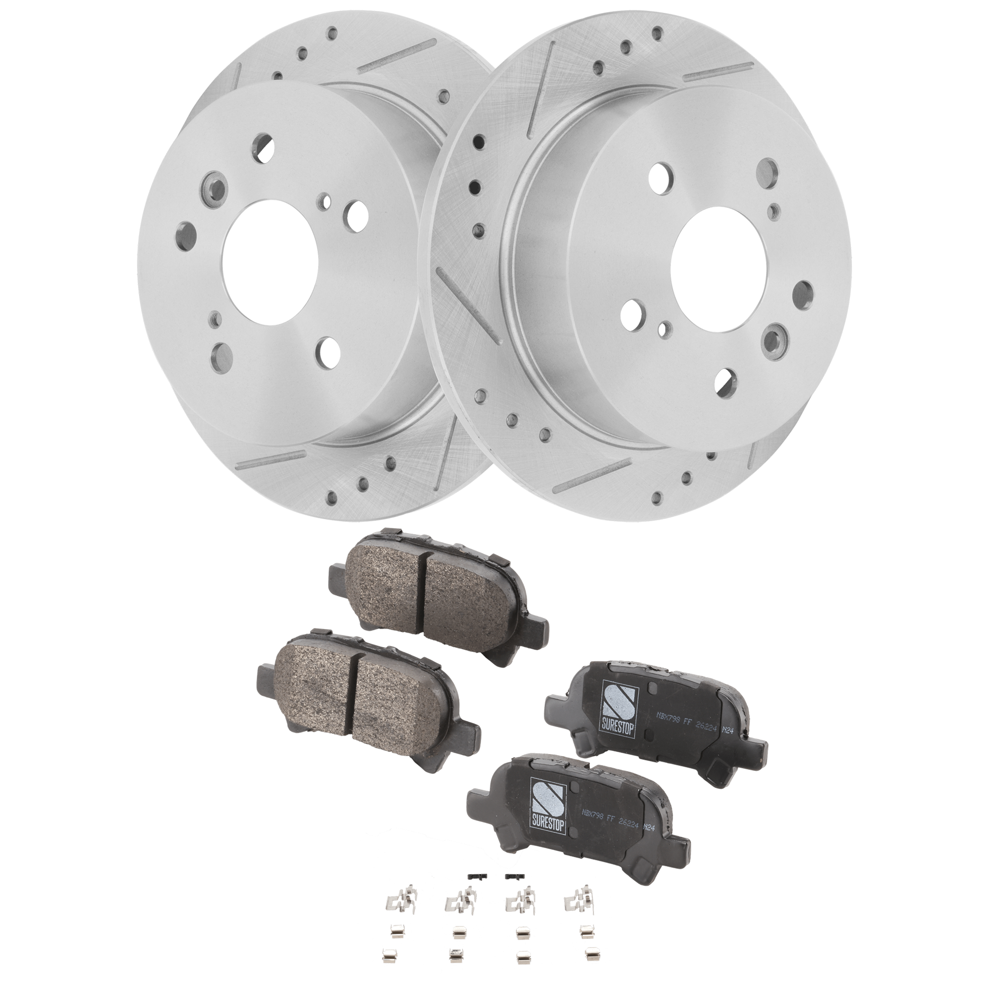 AM SOLARA 04-08 CAMRY 05-06 REAR BRAKE DISC AND PAD KIT 4 pc kit Cross drilled and Slotted USA Built Vehicle SKU KIT 022423-05 OEM 31322-145411-0832934-980076-48