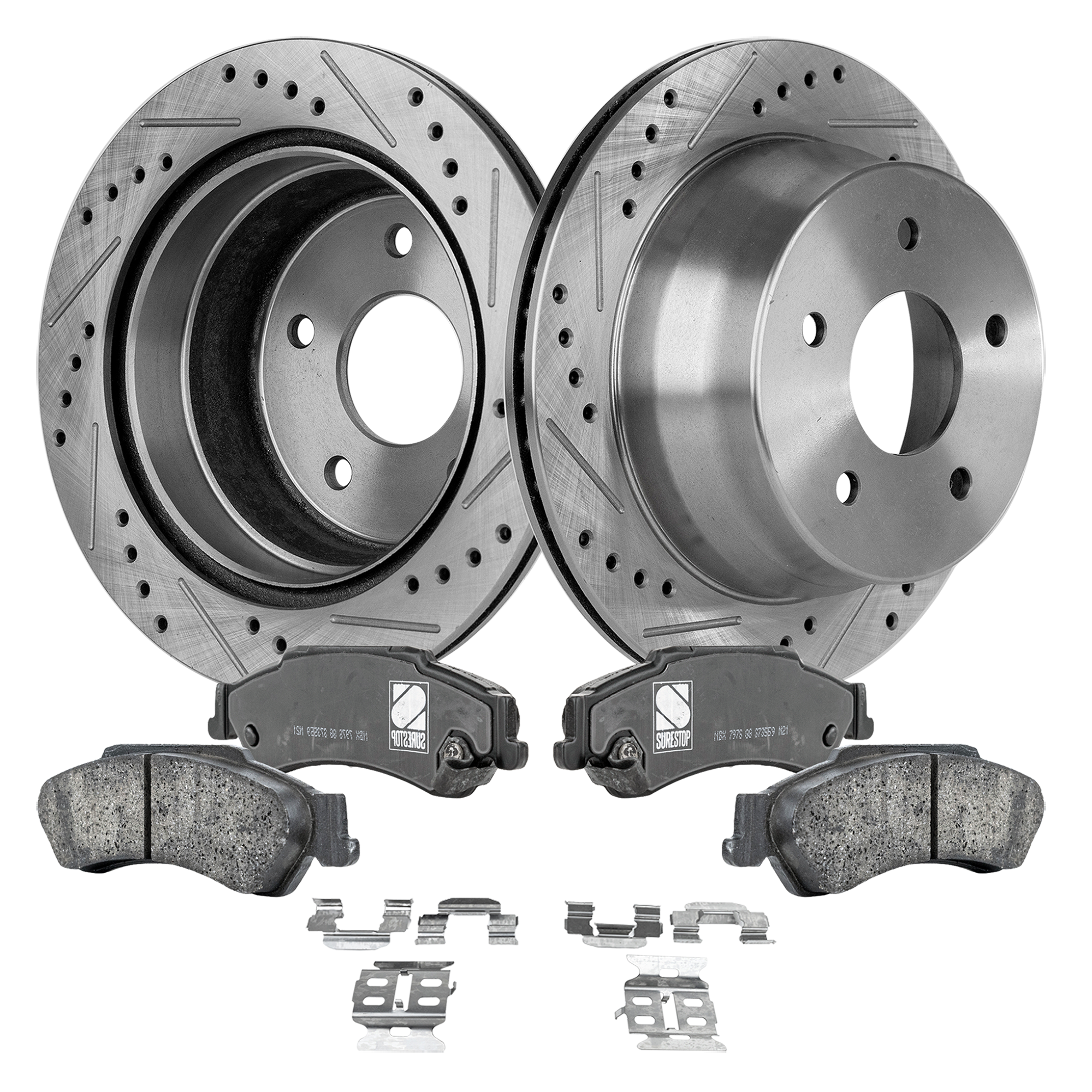 AM BLAZER 97-05 S10-98-04 REAR BRAKE DISC AND PAD KIT 4 pc Kit Cross drilled and Slotted SKU KIT 022423-07 OEM 19924-55038-56707-65990-101705