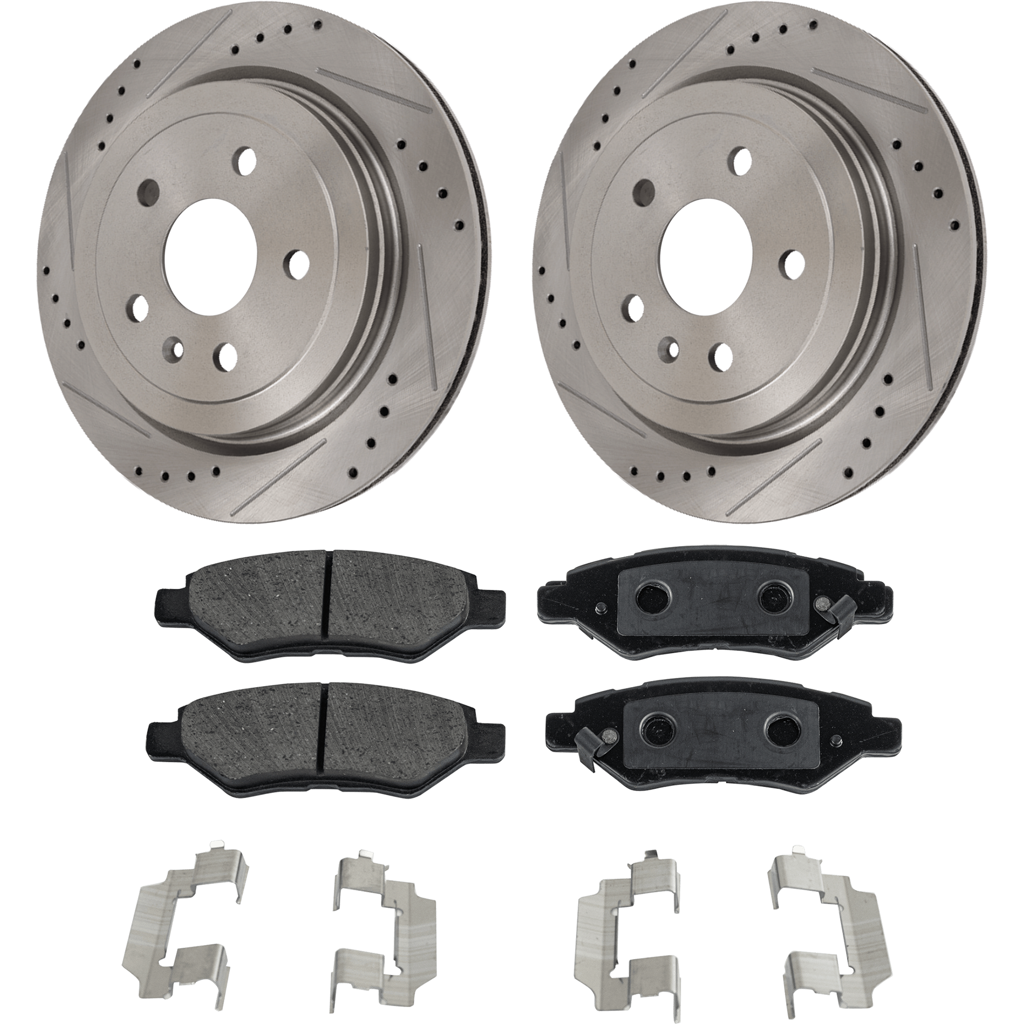 AM CTS 08-14 CAMARO 10-15 REAR BRAKE DISC AND PAD KIT 4 pc Kit Cross drilled and Slotted SKU KIT 022423-08 OEM 41237-55171-72038-493955-85013
