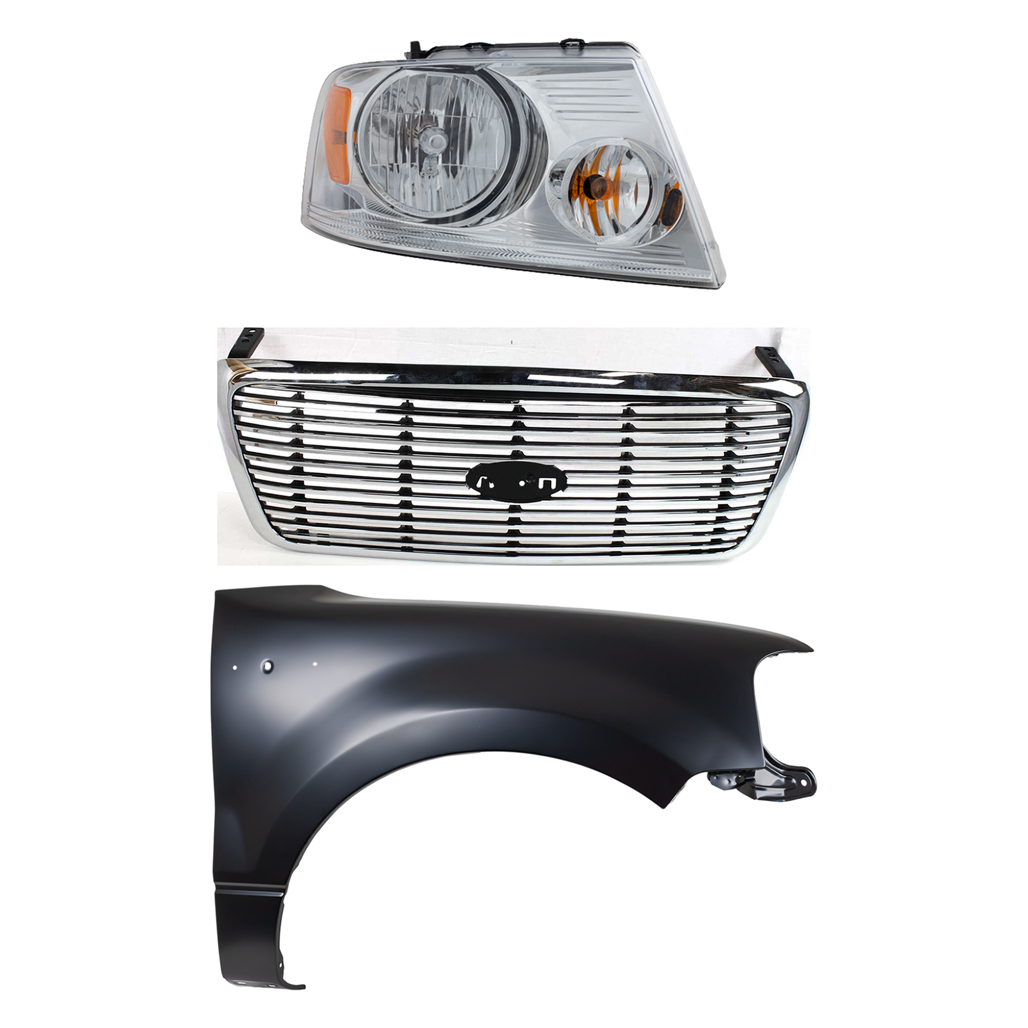 AM F 150-04-06 GRILLE Chrome Shell with Black Insert 3 pc Kit with Fender and Headlight SKU KIT 022423-100201 Partslink FO1200502 FO1200427 FO1241231 FO2503201 OEM 7L3Z8200BA 4L3Z8200DA 5L3Z1600