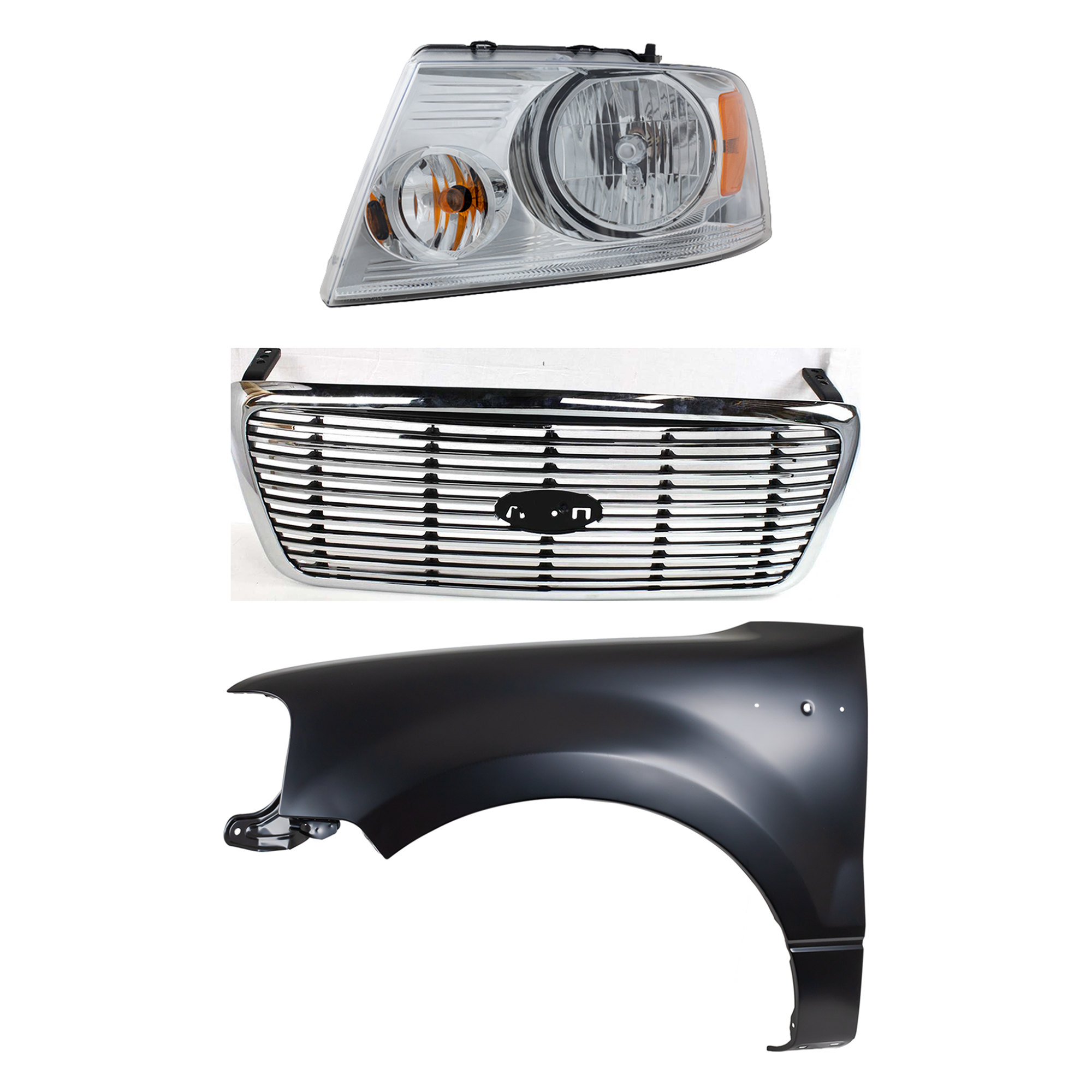 AM F 150-04-06 GRILLE Chrome Shell with Black Insert 3 pc Kit with Fender and Headlight SKU KIT 022423-100202 Partslink FO1200502 FO1200427 FO1240231 FO2502201 OEM 7L3Z8200BA 4L3Z8200DA 5L3Z1600