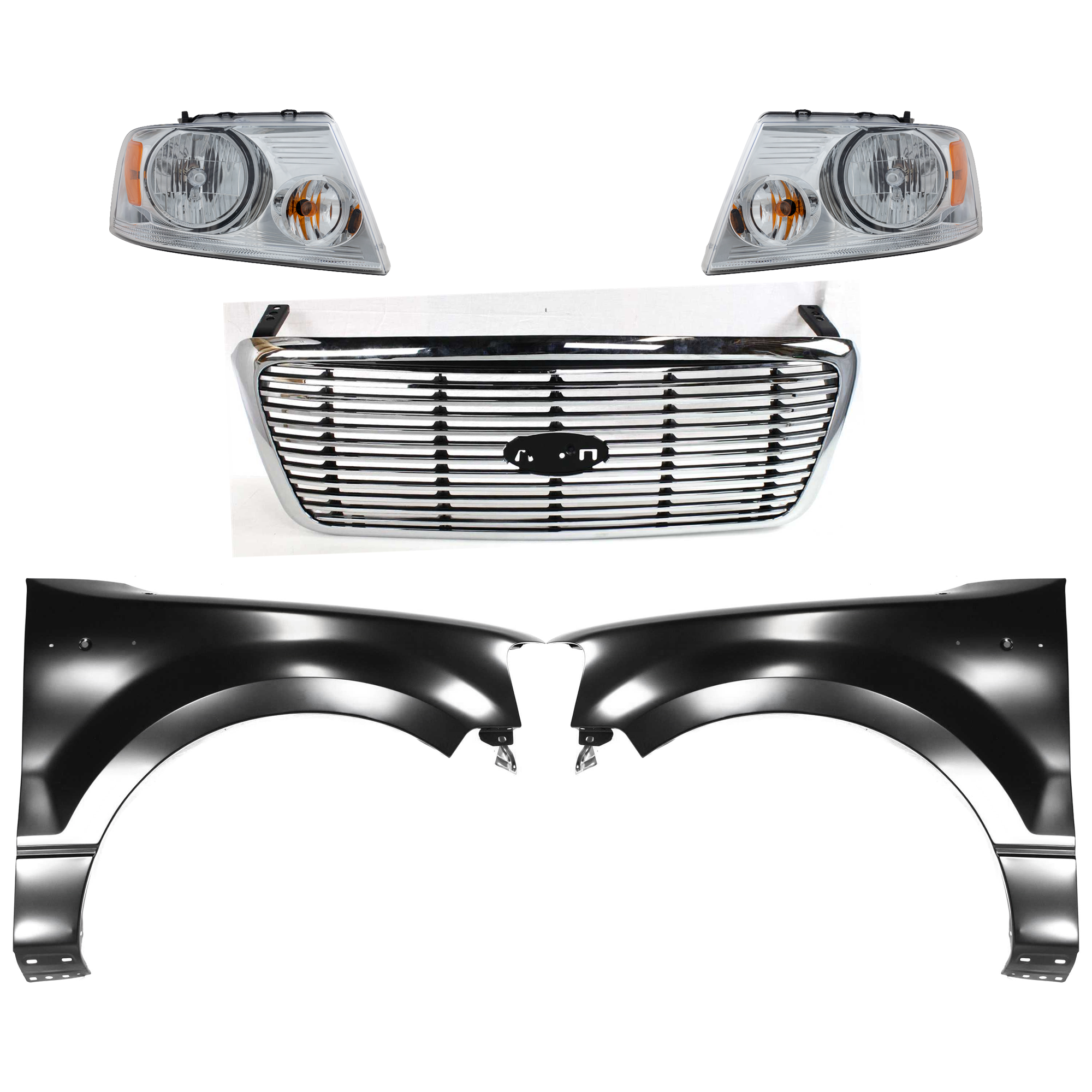 AM F 150-04-06 GRILLE Chrome Shell with Black Insert 5 pc Kit with Fenders and Headlights SKU KIT 022423-1002 Partslink FO1200502 FO1200427 FO1241231 FO1240231 FO2503201 FO2502201 OEM 7L3Z8200BA 4L3Z8200DA 5L3Z1600