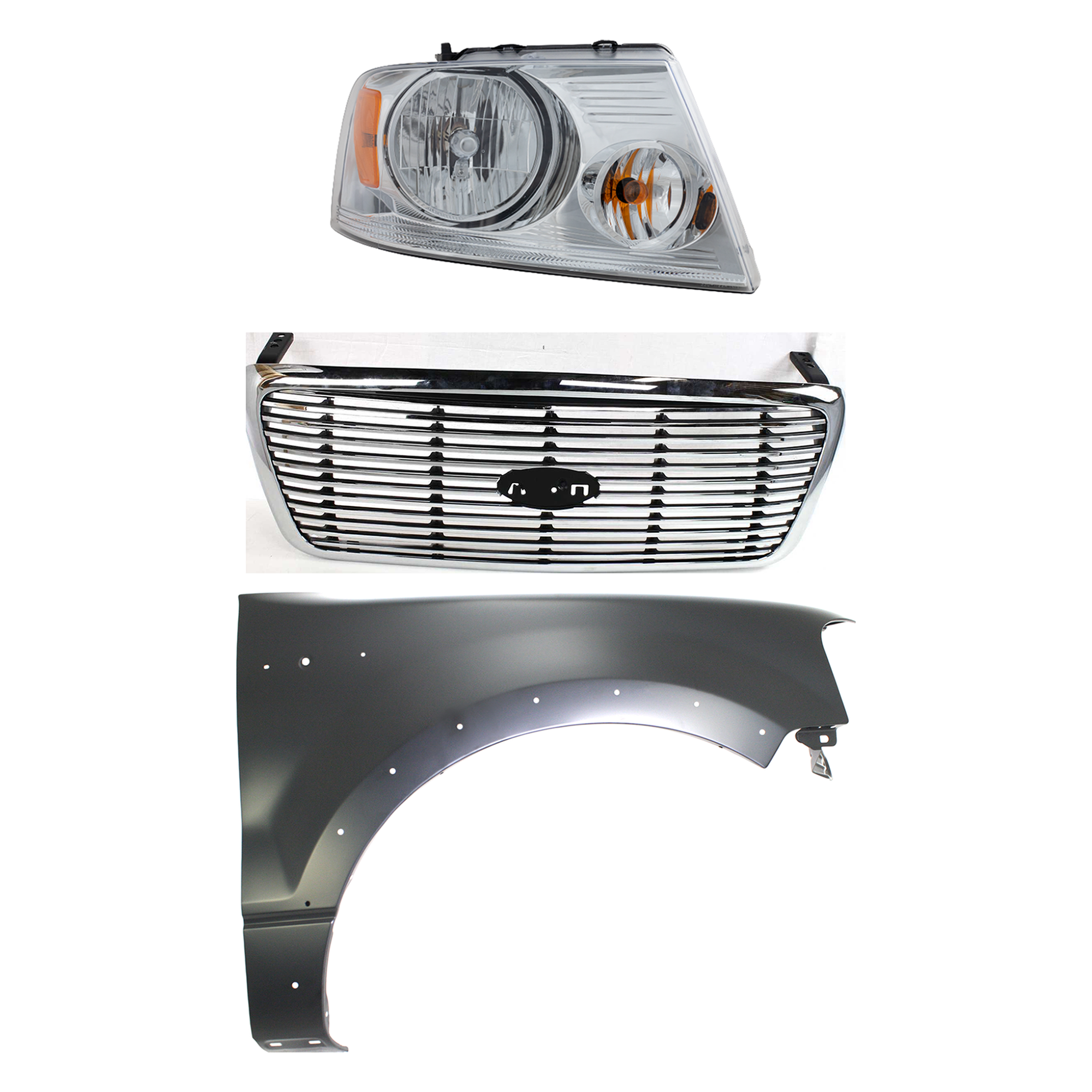 AM F 150-04-06 GRILLE Chrome Shell with Black Insert 3 pc Kit with Fender and Headlight SKU KIT 022423-100401 Partslink FO1200502 FO1200427 FO1241232 FO2503201 OEM 7L3Z8200BA 4L3Z8200DA 5L3Z1600