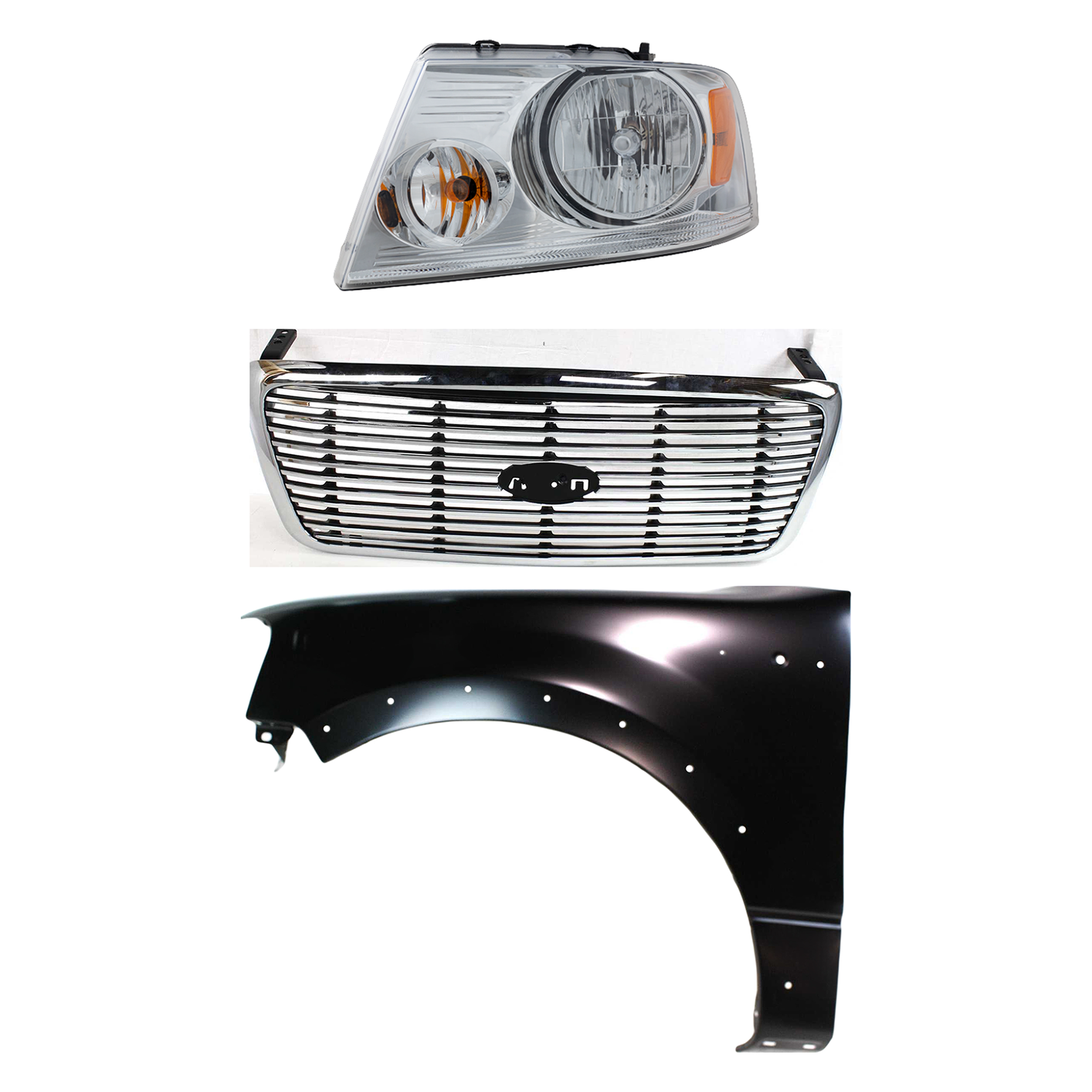 AM F 150-04-06 GRILLE Chrome Shell with Black Insert 3 pc Kit with Fender and Headlight SKU KIT 022423-100402 Partslink FO1200502 FO1200427 FO1240232 FO2502201 OEM 7L3Z8200BA 4L3Z8200DA 5L3Z1600