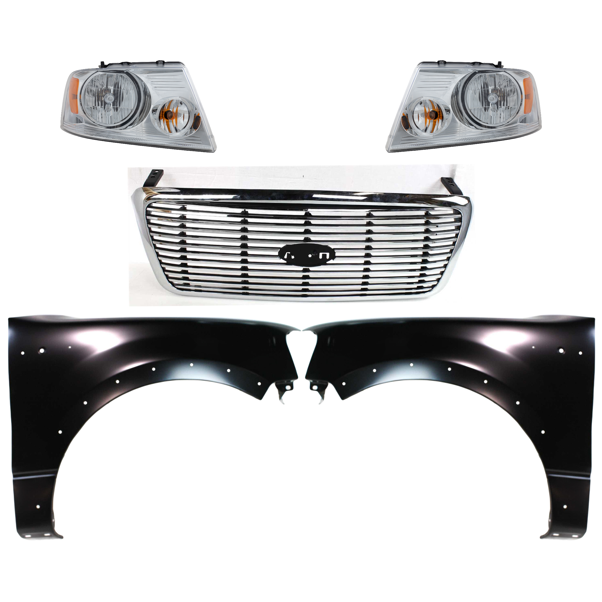 AM F 150-04-06 GRILLE Chrome Shell with Black Insert 5 pc Kit with Fenders and Headlights SKU KIT 022423-1004 Partslink FO1200502 FO1200427 FO1240232 FO1241232 FO2503201 FO2502201 OEM 7L3Z8200BA 4L3Z8200DA 5L3Z1600