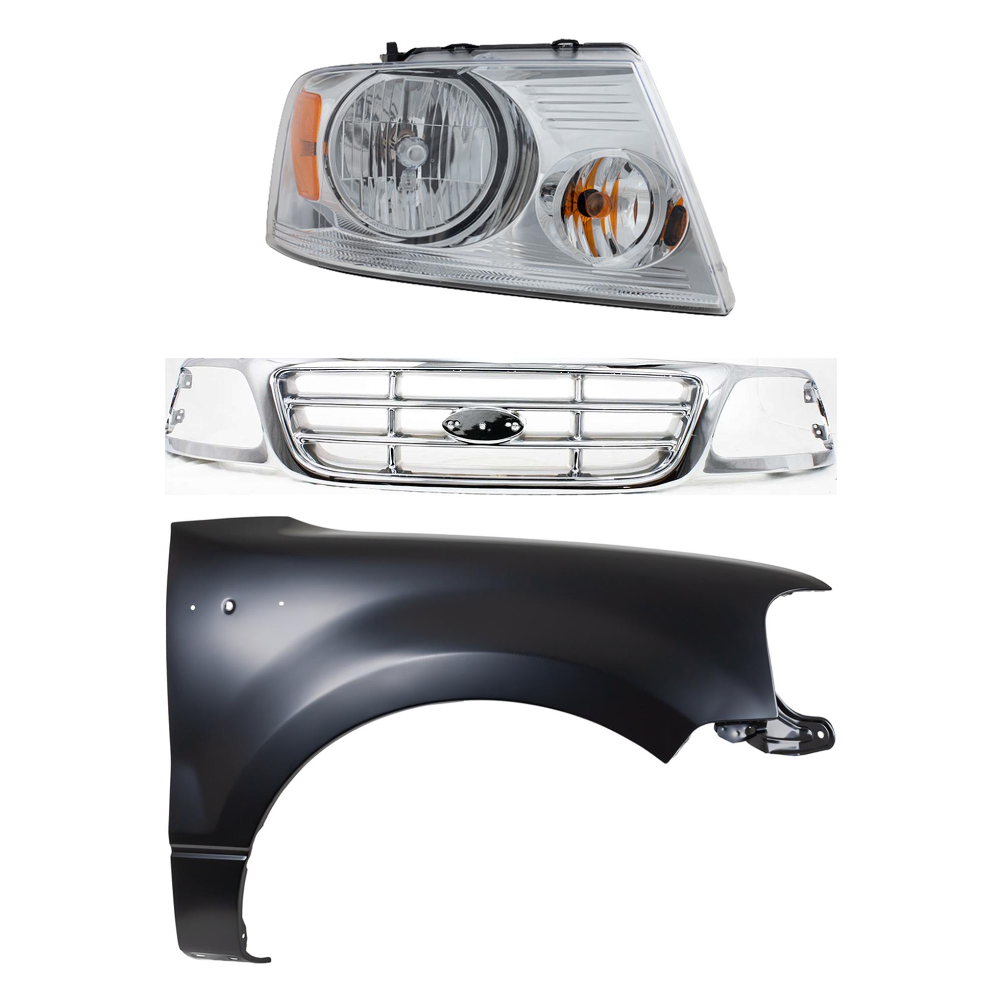 AM F 150-04-04 GRILLE Chrome Shell and Insert 3 pc Kit with Fender and Headlight SKU KIT 022423-100601 Partslink FO1200537 FO1241231 FO2503201 OEM XL3Z8200-5L3Z16005AA 7L3Z13008