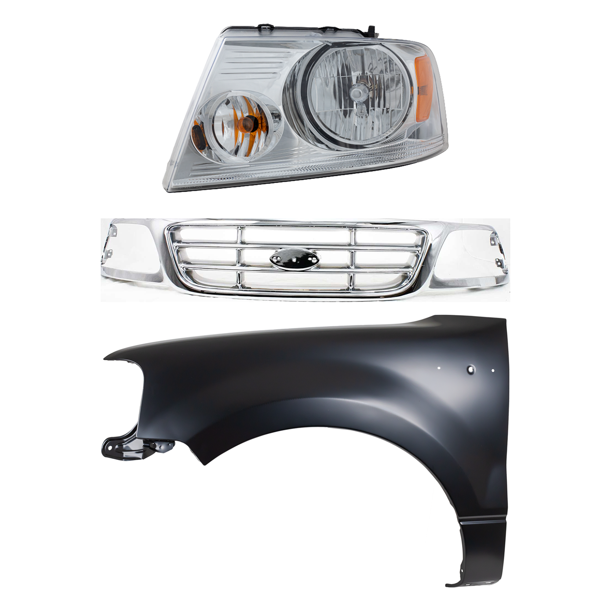 AM F 150-04-04 GRILLE Chrome Shell and Insert 3 pc Kit with Fender and Headlight SKU KIT 022423-100602 Partslink FO1200537 FO1240231 FO2502201 OEM XL3Z8200-5L3Z16006AA 7L3Z13008