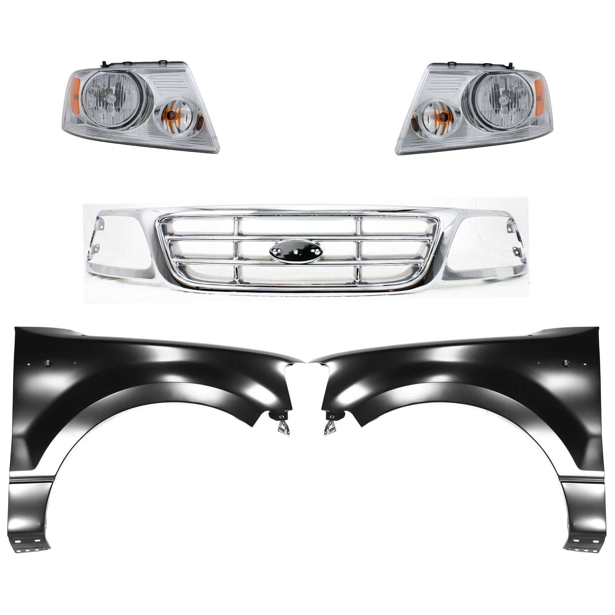 AM F 150-04-04 GRILLE Chrome Shell and Insert 5 pc Kit with Fenders and Headlights SKU KIT 022423-1006 Partslink FO1200537 FO1241231 FO1240231 FO2503201 FO2502201 OEM XL3Z8200-5L3Z16005AA 5L3Z16006