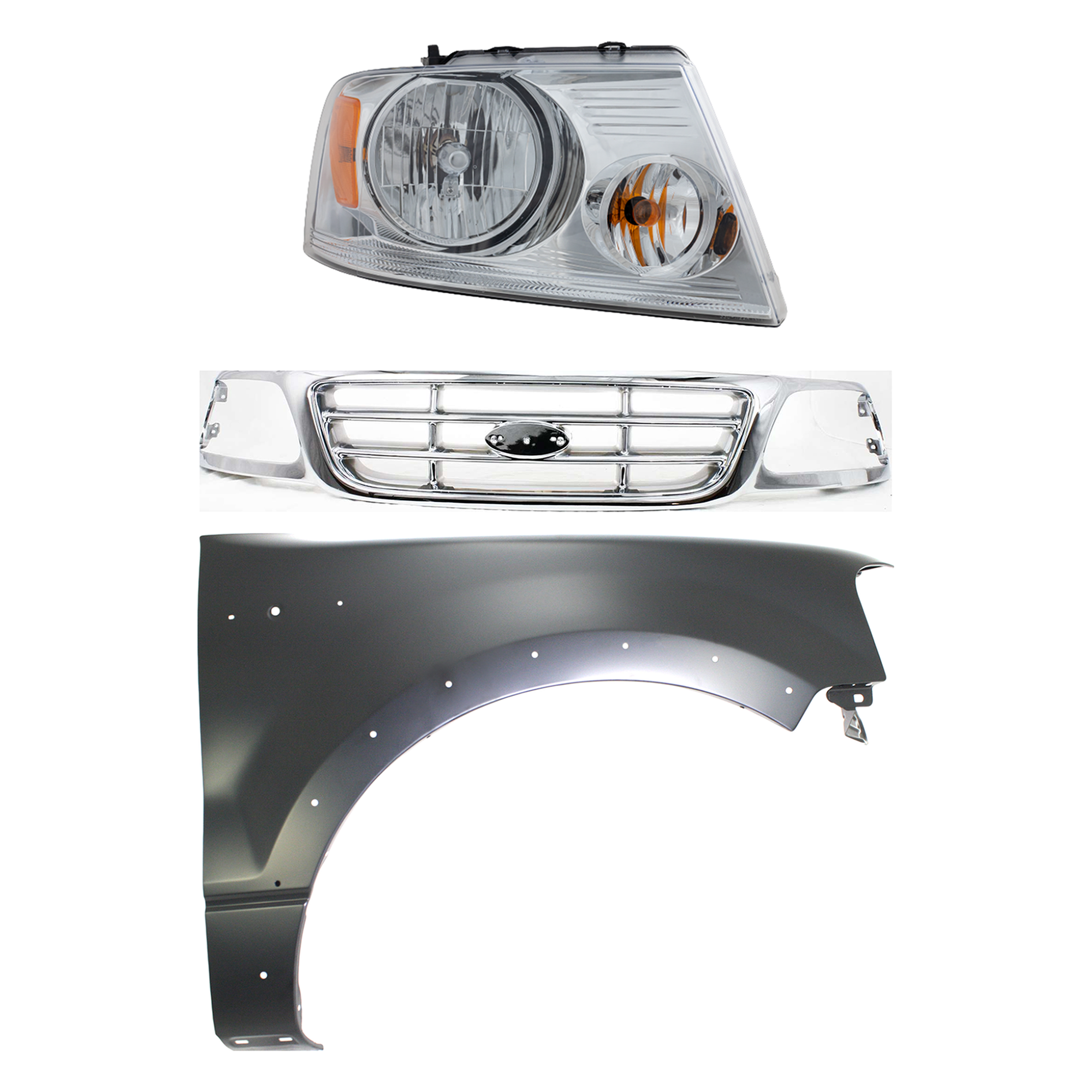 AM F 150-04-04 GRILLE Chrome Shell and Insert 3 pc Kit with Fender and Headlight SKU KIT 022423-100801 Partslink FO1200537 FO1241232 FO2503201 OEM XL3Z8200-5L3Z16005BA 7L3Z13008