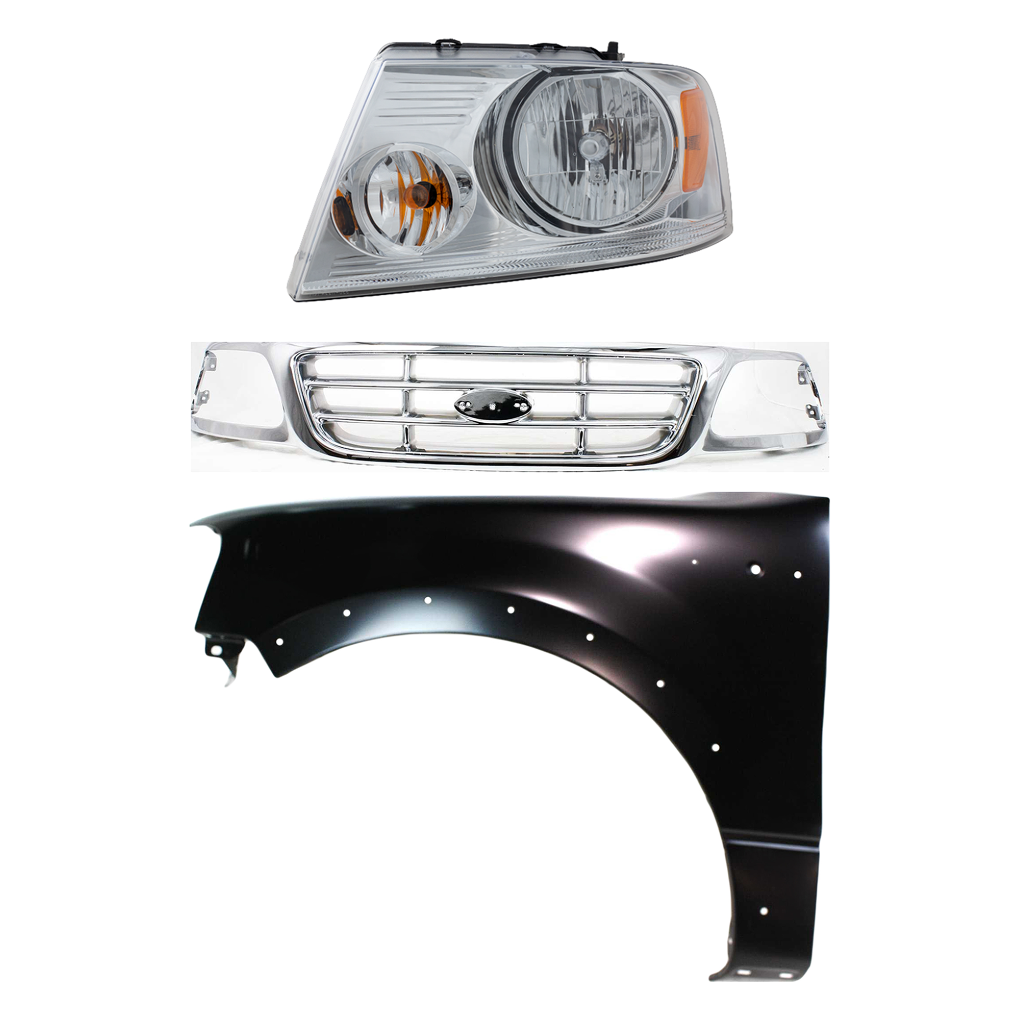 AM F 150-04-04 GRILLE Chrome Shell and Insert 3 pc Kit with Fender and Headlight SKU KIT 022423-100802 Partslink FO1200537 FO1240232 FO2502201 OEM XL3Z8200-5L3Z16006BA 7L3Z13008