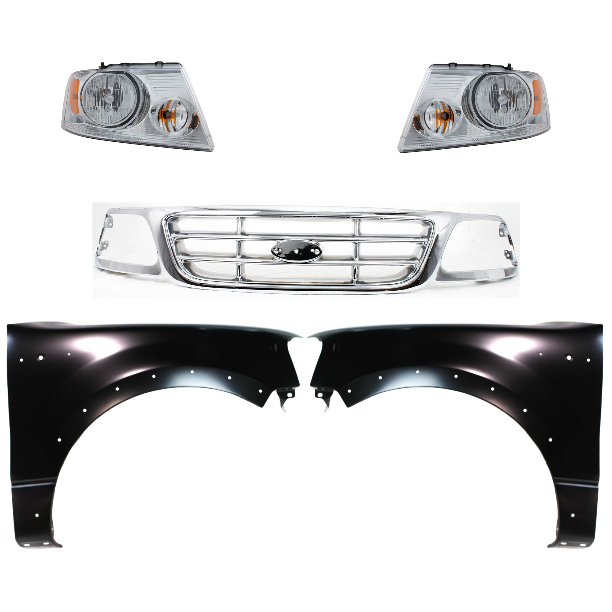 AM F 150-04-04 GRILLE Chrome Shell and Insert 5 pc Kit with Fenders and Headlights SKU KIT 022423-1008 Partslink FO1200537 FO1240232 FO1241232 FO2503201 FO2502201 OEM XL3Z8200-5L3Z16006BA 5L3Z16005