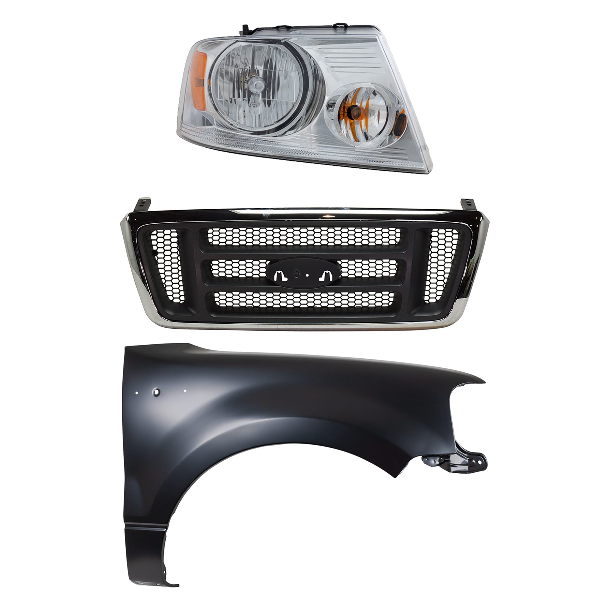 AM F 150-04-04 GRILLE Chrome Shell with Dark Gray Insert 3 pc Kit with Fender and Headlight SKU KIT 022423-101001 Partslink FO1200413 FO1200465 FO1241231 FO2503201 OEM 4L3Z8200AA 5L3Z8200EA 5L3Z1600