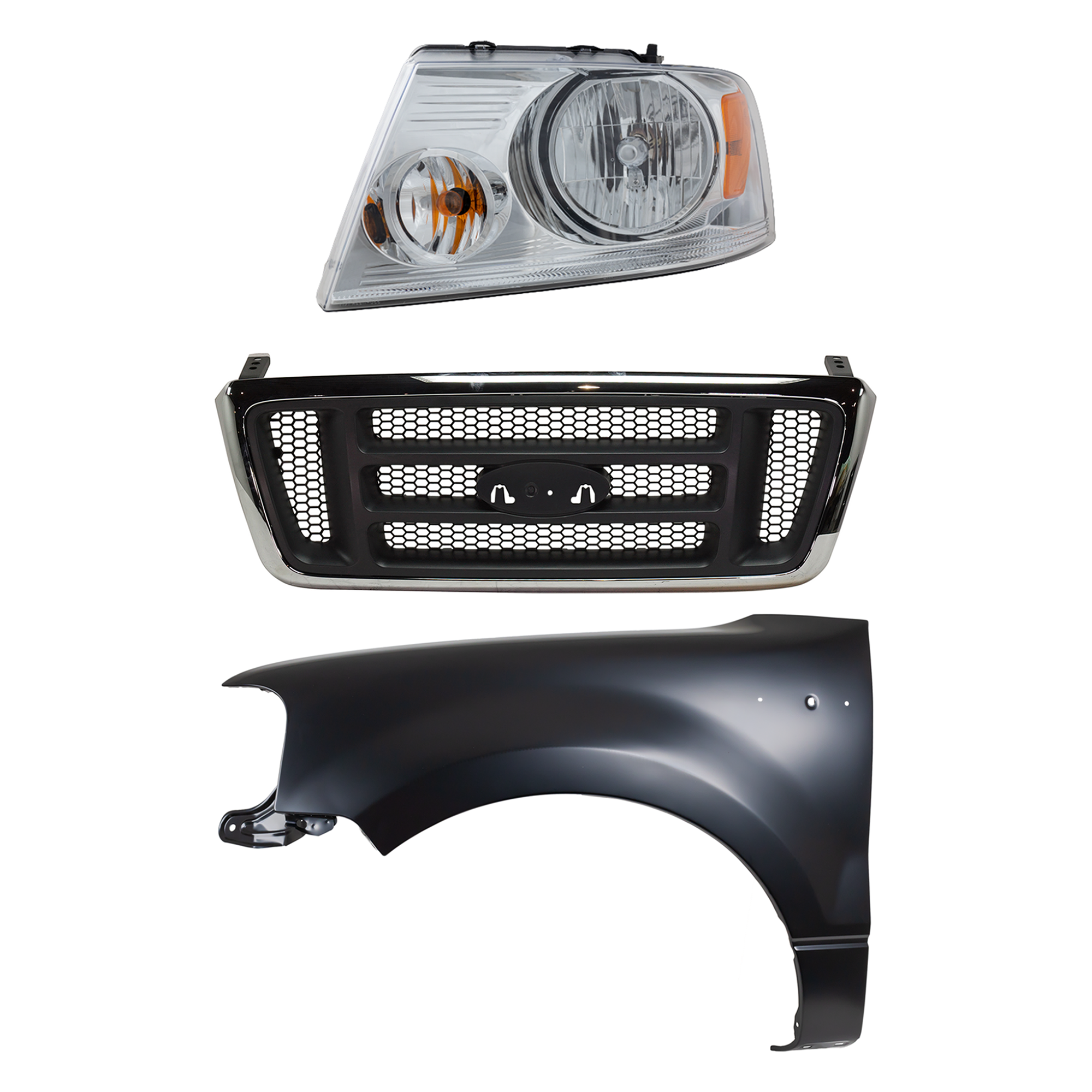 AM F 150-04-04 GRILLE Chrome Shell with Dark Gray Insert 3 pc Kit with Fender and Headlight SKU KIT 022423-101002 Partslink FO1200413 FO1200465 FO1240231 FO2502201 OEM 4L3Z8200AA 5L3Z8200EA 5L3Z1600