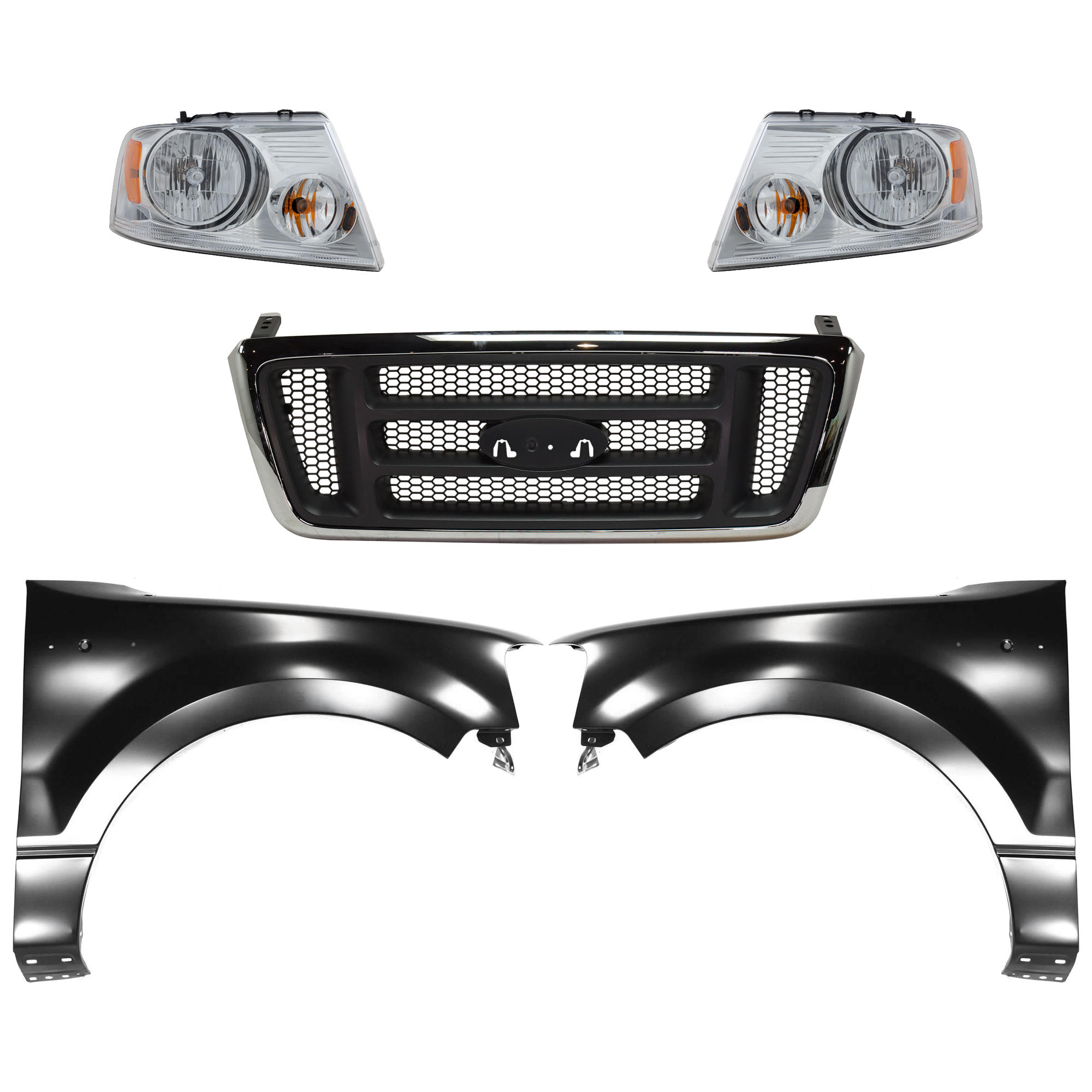 AM F 150-04-04 GRILLE Chrome Shell with Dark Gray Insert 5 pc Kit with Fenders and Headlights SKU KIT 022423-1010 Partslink FO1200413 FO1200465 FO1241231 FO1240231 FO2503201 FO2502201 OEM 4L3Z8200AA 5L3Z8200EA 5L3Z1600