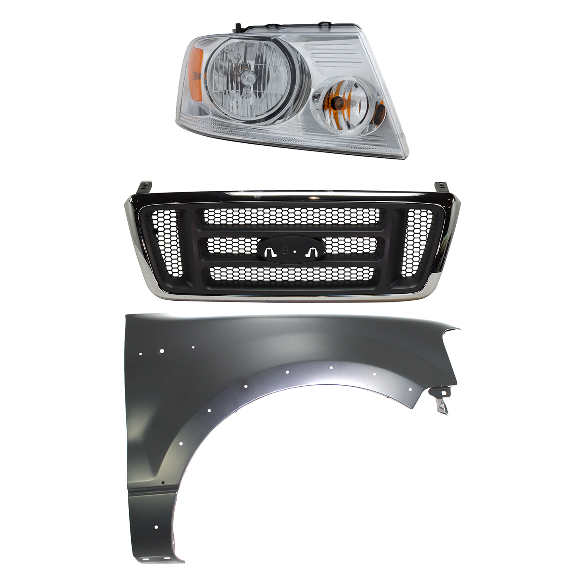 AM F 150-04-04 GRILLE Chrome Shell with Dark Gray Insert 3 pc Kit with Fender and Headlight SKU KIT 022423-101201 Partslink FO1200413 FO1200465 FO1241232 FO2503201 OEM 4L3Z8200AA 5L3Z8200EA 5L3Z1600