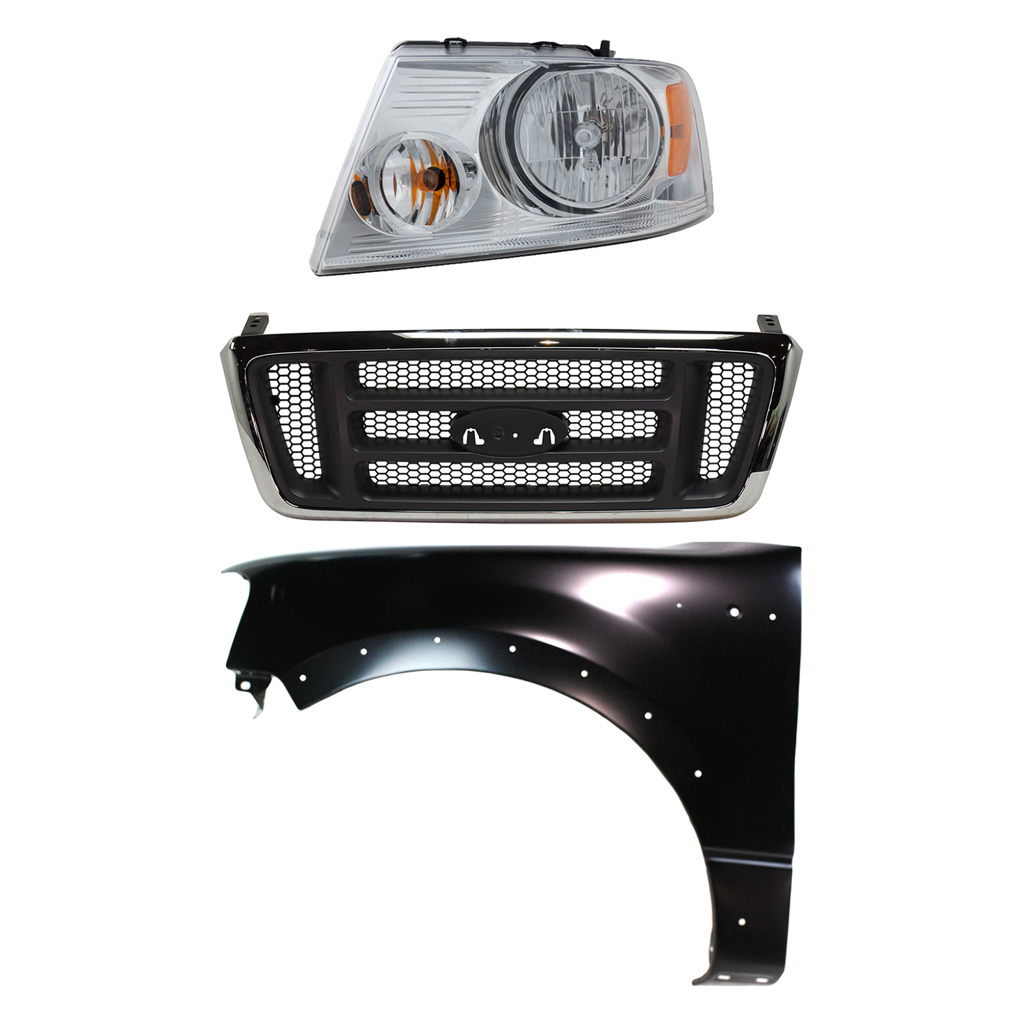 AM F 150-04-04 GRILLE Chrome Shell with Dark Gray Insert 3 pc Kit with Fender and Headlight SKU KIT 022423-101202 Partslink FO1200413 FO1200465 FO1240232 FO2502201 OEM 4L3Z8200AA 5L3Z8200EA 5L3Z1600