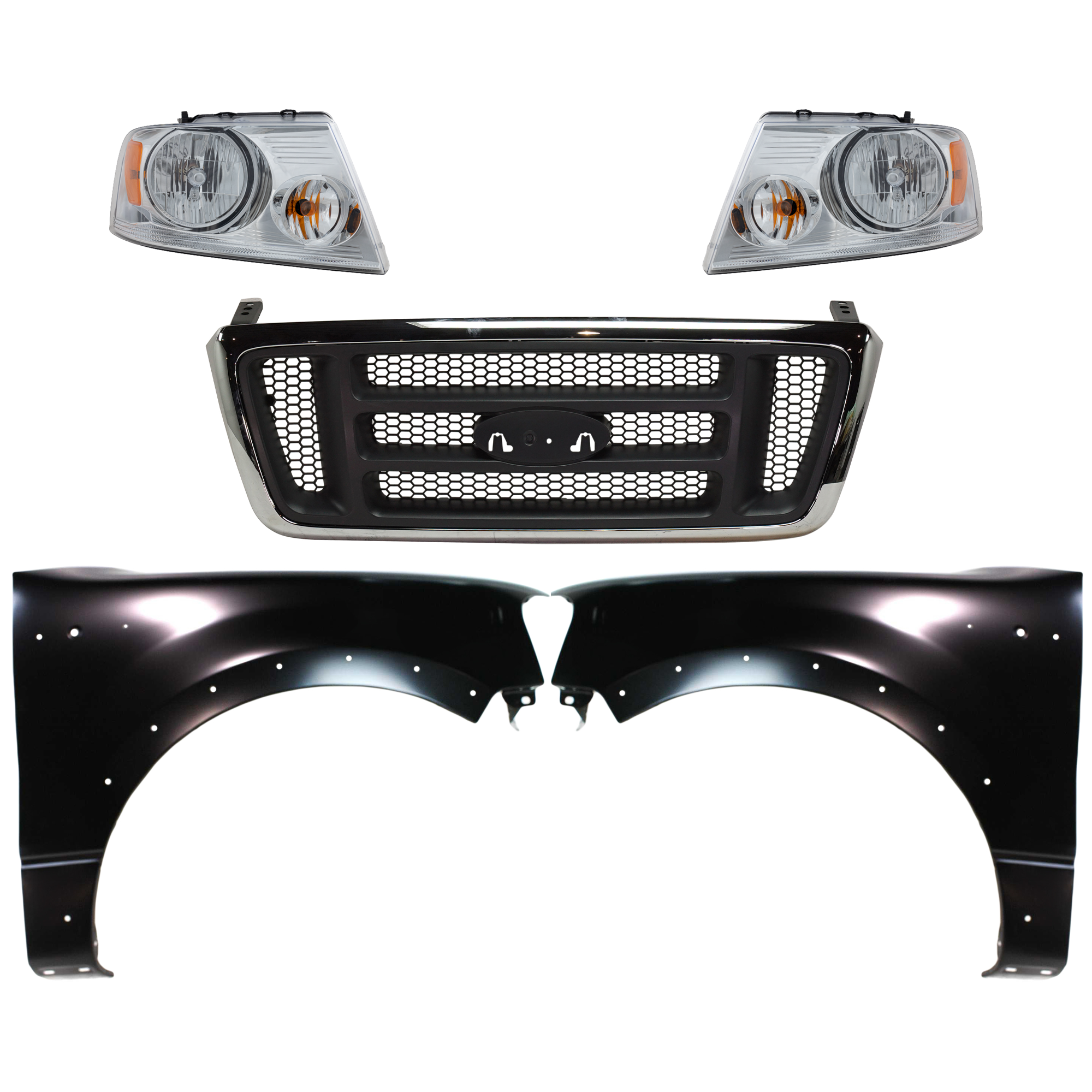 AM F 150-04-04 GRILLE Chrome Shell with Dark Gray Insert 5 pc Kit with Fenders and Headlights SKU KIT 022423-1012 Partslink FO1200413 FO1200465 FO1240232 FO1241232 FO2503201 FO2502201 OEM 4L3Z8200AA 5L3Z8200EA 5L3Z1600