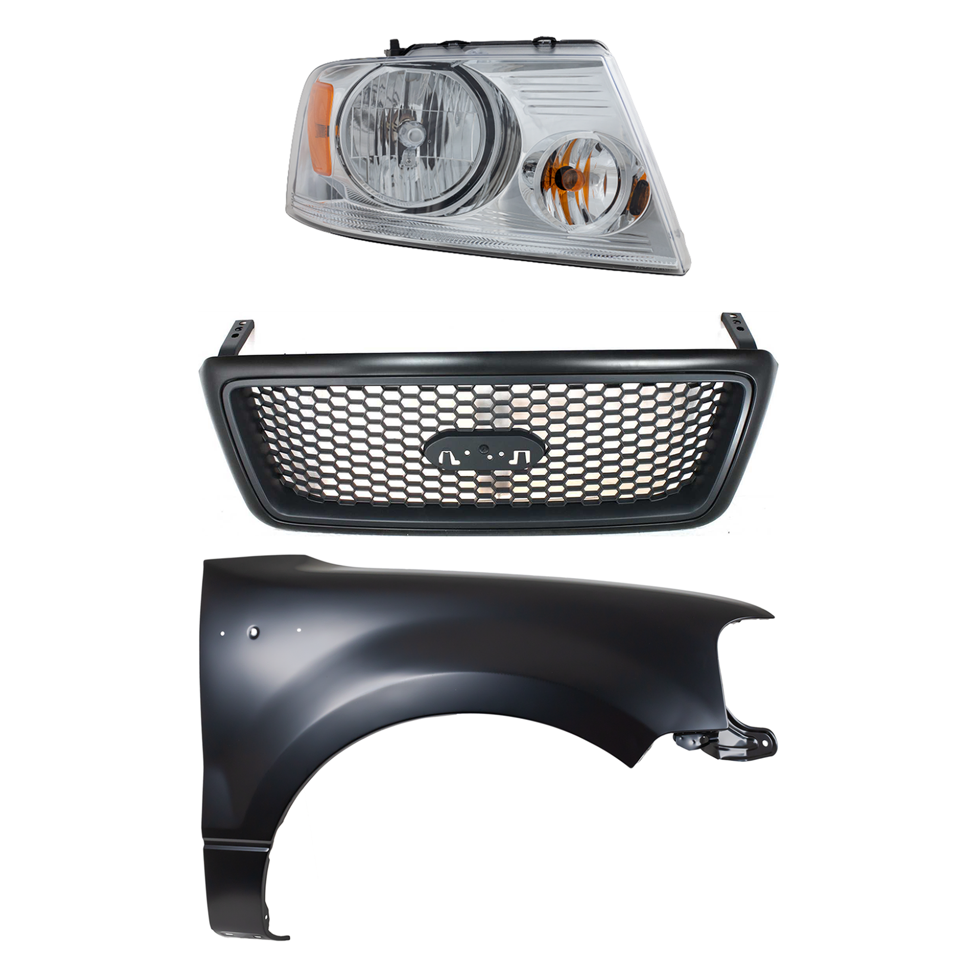 AM F 150-04-06 HEAD LAMP RH Assembly Halogen 3 pc Kit with Fender and Grille Assembly SKU KIT 022423-101401 Partslink FO2503201 FO1241231 FO1200415 OEM 7L3Z13008FA 5L3Z16005AA 4L3Z82