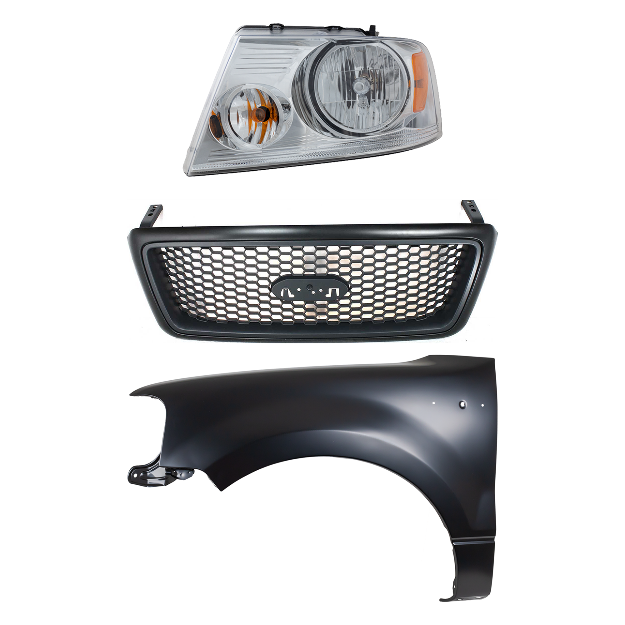 AM F 150-04-06 HEAD LAMP LH Assembly Halogen 3 pc Kit with Fender and Grille Assembly SKU KIT 022423-101402 Partslink FO2502201 FO1240231 FO1200415 OEM 7L3Z13008GA 5L3Z16006AA 4L3Z82