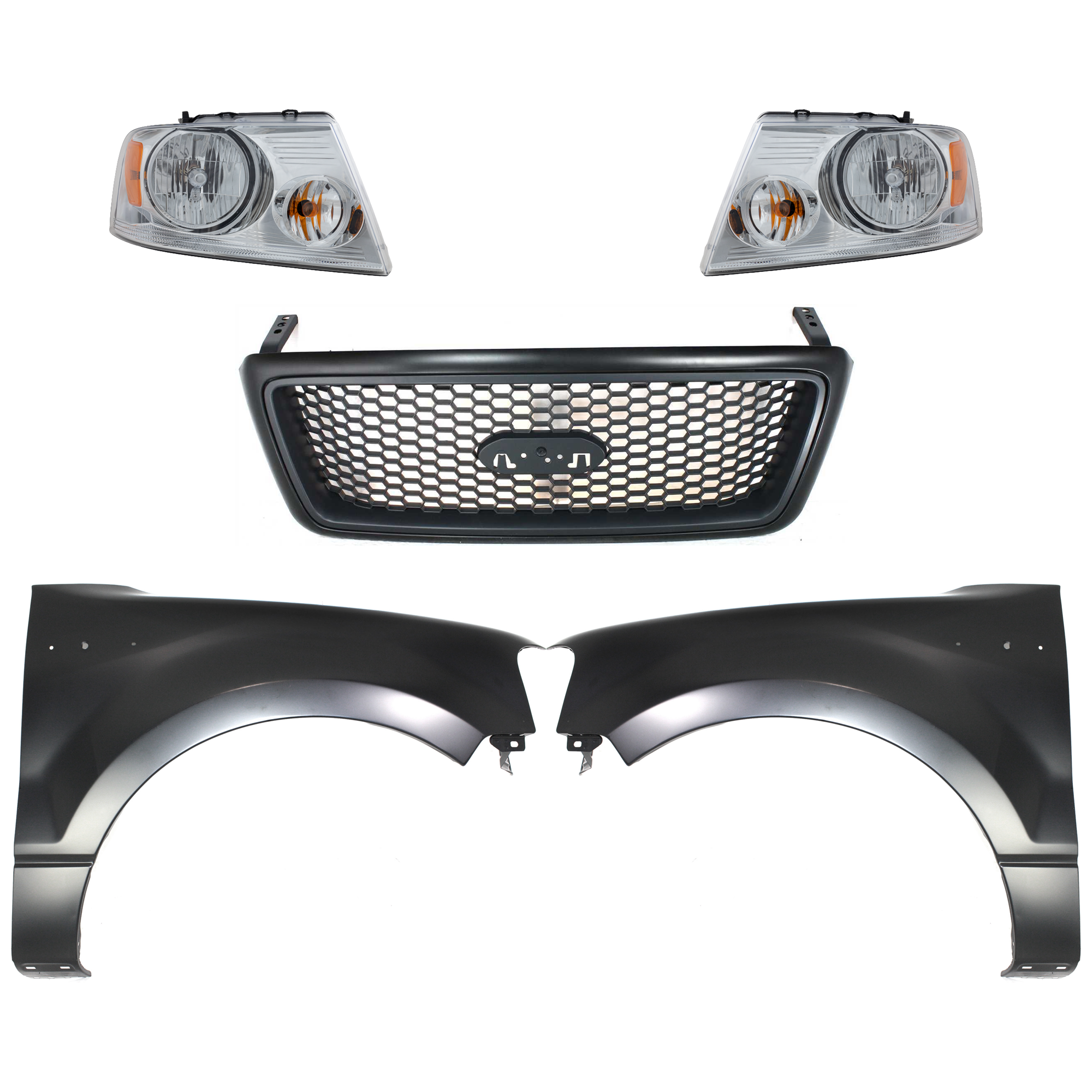 AM F 150-04-06 HEAD LAMP RH AND LH Assembly Halogen 5 pc Kit with Fenders and Grille Assembly SKU KIT 022423-1014 Partslink FO2502201 FO2503201 FO1241231 FO1240231 FO1200415 OEM 7L3Z13008FA 7L3Z13008GA 5L3Z16