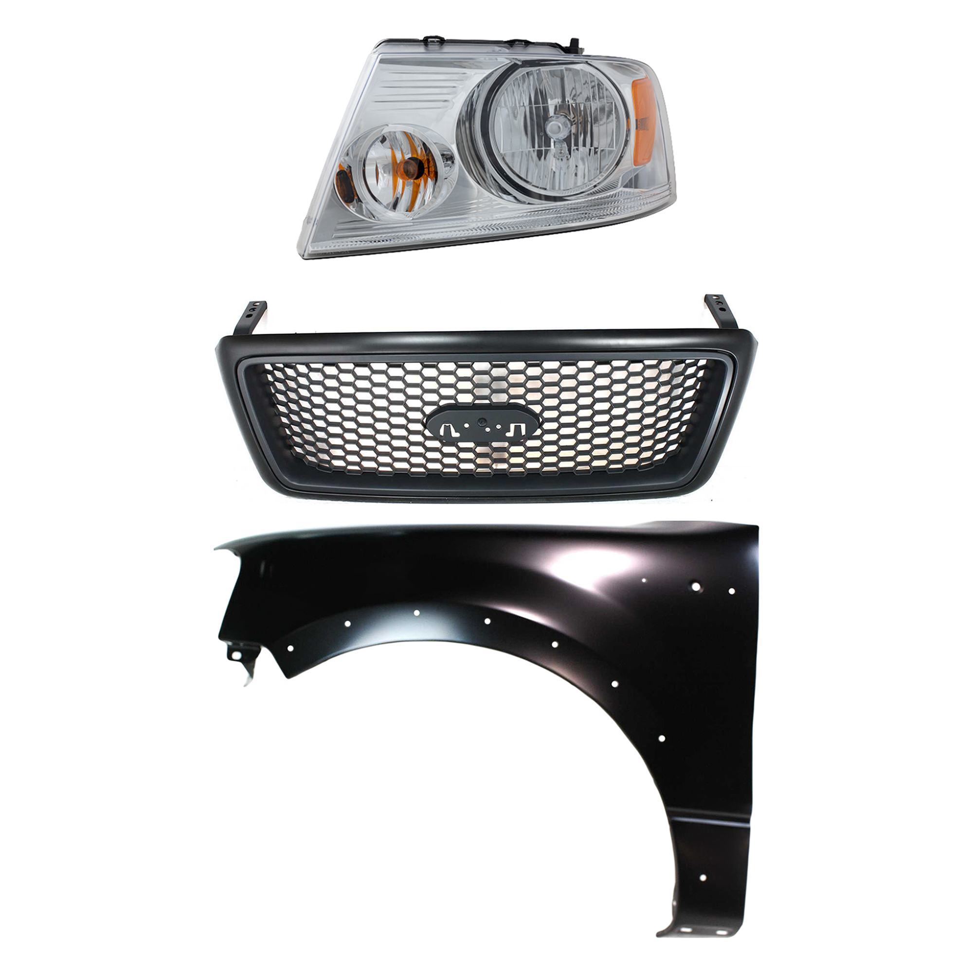 AM F 150-04-06 HEAD LAMP LH Assembly Halogen 3 pc Kit with Fender and Grille Assembly SKU KIT 022423-101602 Partslink FO2502201 FO1240232 FO1200415 OEM 7L3Z13008GA 5L3Z16006BA 4L3Z82