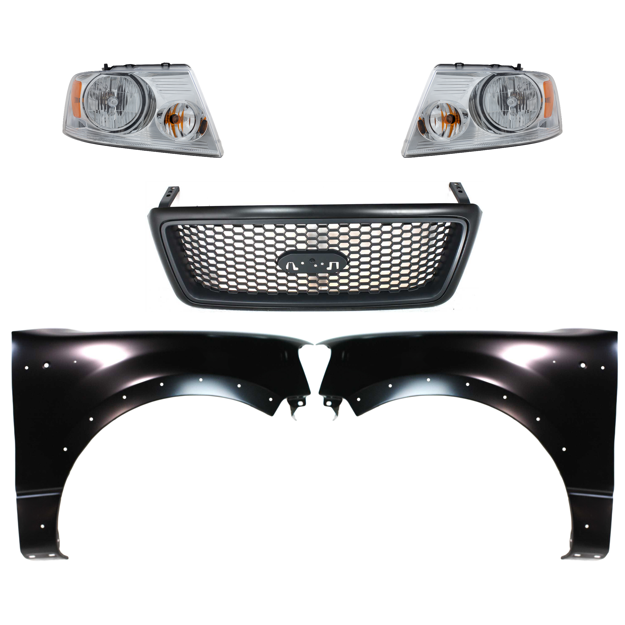 AM F 150-04-06 HEAD LAMP RH AND LH Assembly Halogen 5 pc Kit with Fenders and Grille Assembly SKU KIT 022423-1016 Partslink FO2502201 FO2503201 FO1240232 FO1241232 FO1200415 OEM 7L3Z13008FA 7L3Z13008GA 5L3Z16