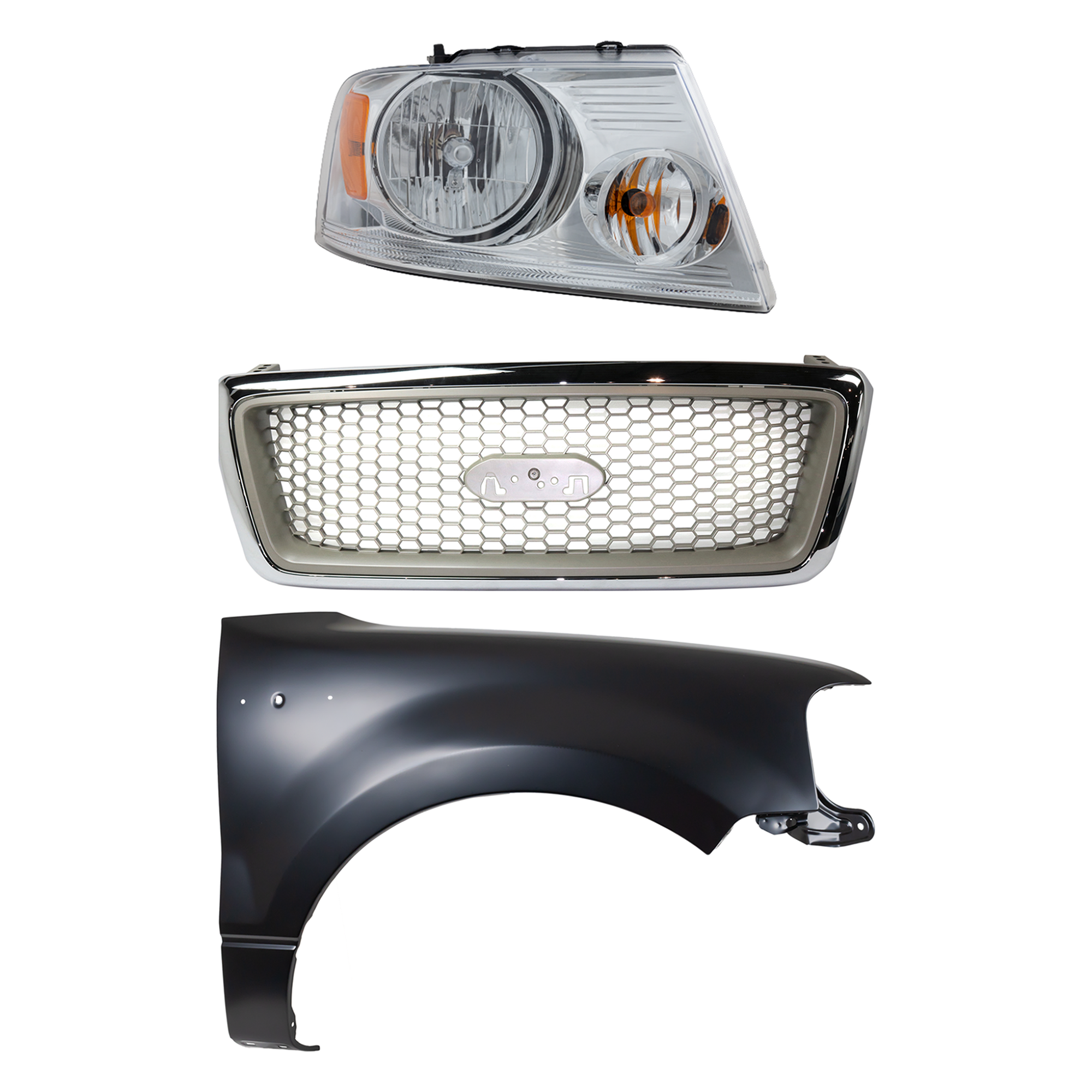 AM F 150-04-06 GRILLE Chrome Shell with Beige Insert 3 pc Kit with Fender and Headlight SKU KIT 022423-101801 Partslink FO1200427 FO1200502 FO1241231 FO2503201 OEM 4L3Z8200DA 7L3Z8200BA 5L3Z1600