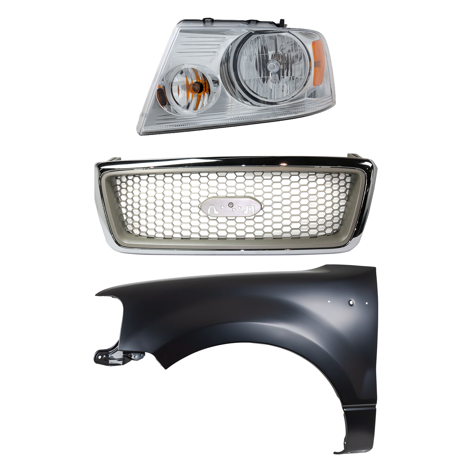 AM F 150-04-06 GRILLE Chrome Shell with Beige Insert 3 pc Kit with Fender and Headlight SKU KIT 022423-101802 Partslink FO1200427 FO1200502 FO1240231 FO2502201 OEM 4L3Z8200DA 7L3Z8200BA 5L3Z1600