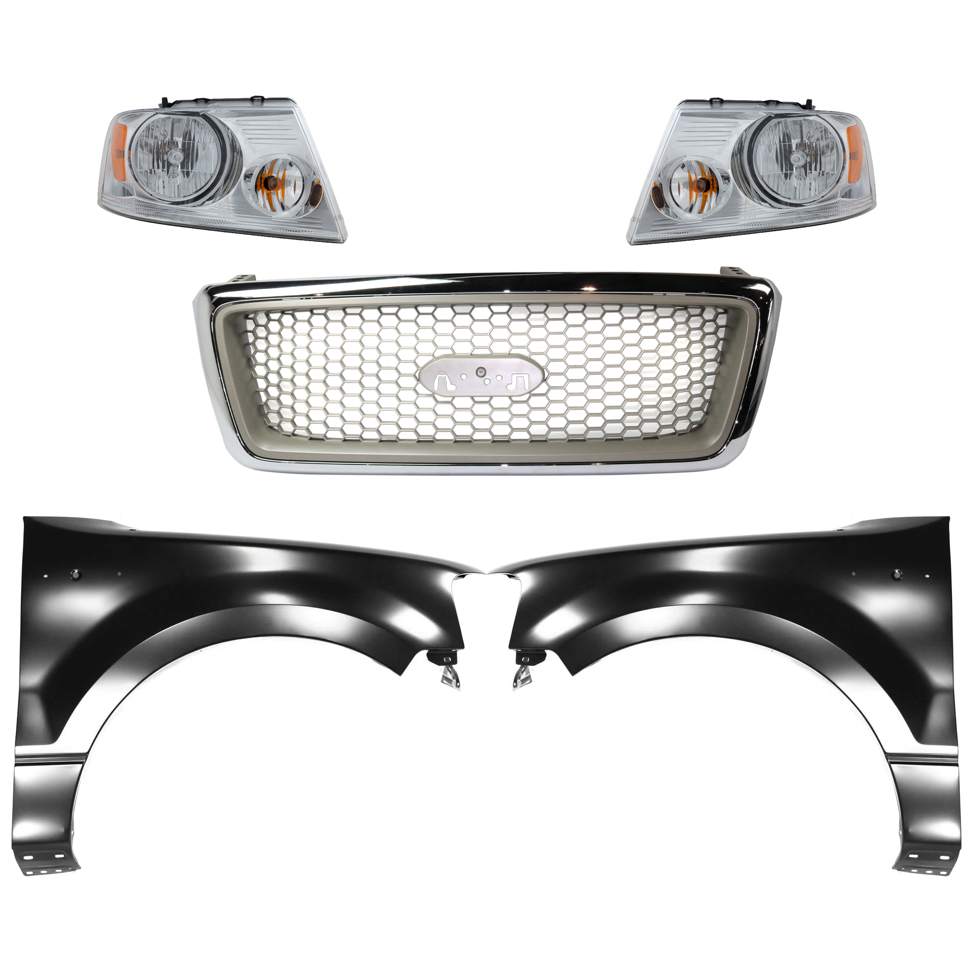 AM F 150-04-06 GRILLE Chrome Shell with Beige Insert 5 pc Kit with Fenders and Headlights SKU KIT 022423-1018 Partslink FO1200427 FO1200502 FO1241231 FO1240231 FO2503201 FO2502201 OEM 4L3Z8200DA 7L3Z8200BA 5L3Z1600