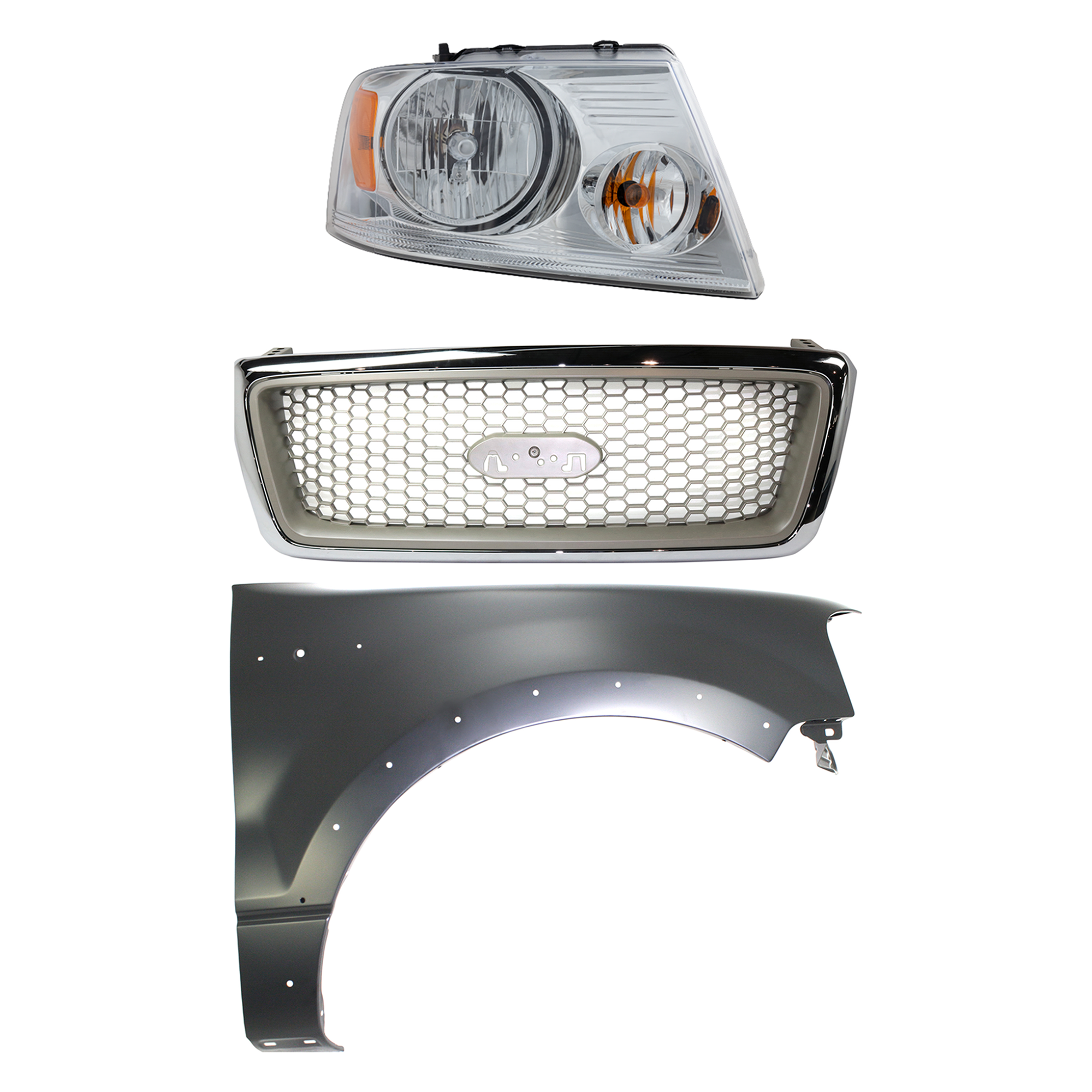 AM F 150-04-06 GRILLE Chrome Shell with Beige Insert 3 pc Kit with Fender and Headlight SKU KIT 022423-102001 Partslink FO1200427 FO1200502 FO1241232 FO2503201 OEM 4L3Z8200DA 7L3Z8200BA 5L3Z1600