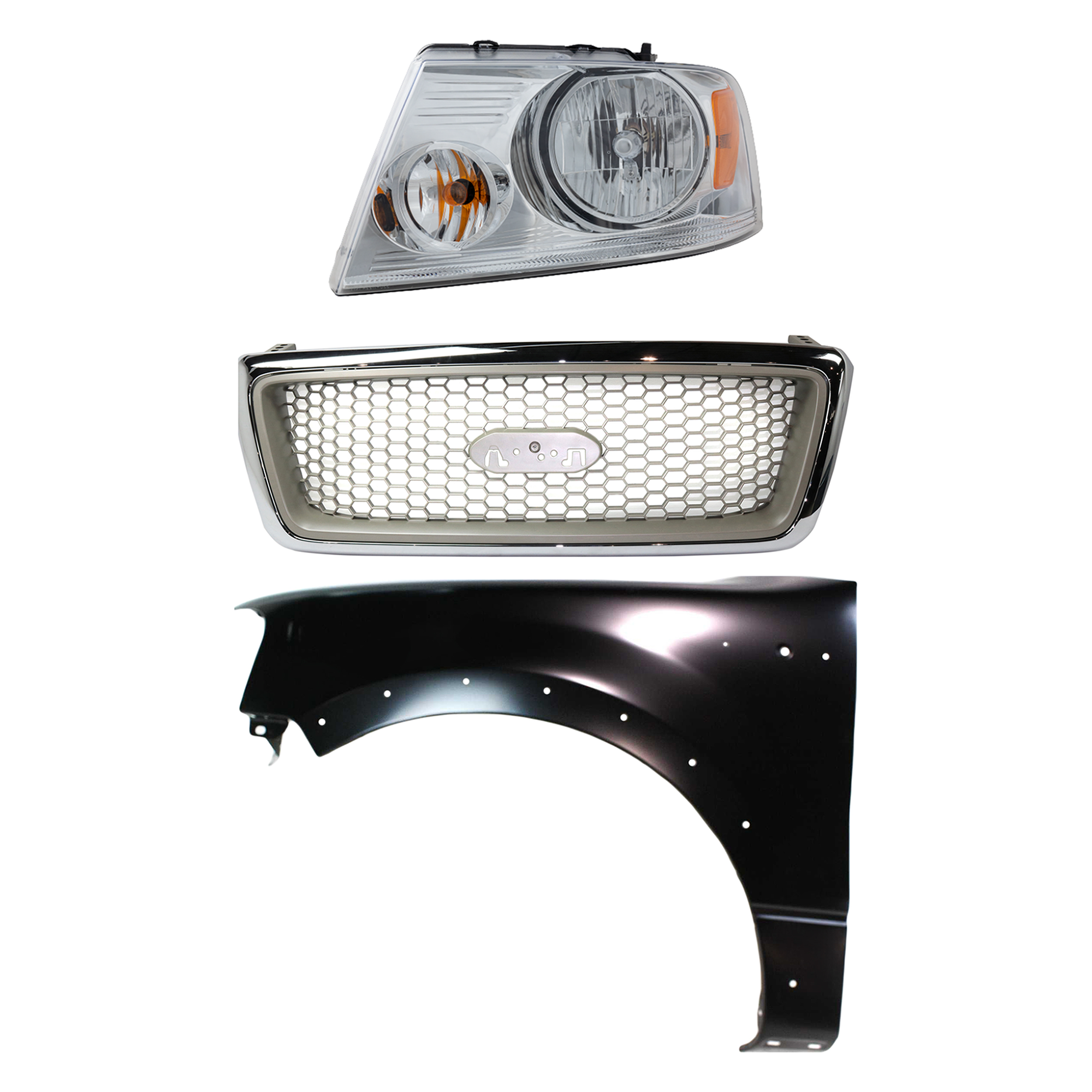 AM F 150-04-06 GRILLE Chrome Shell with Beige Insert 3 pc Kit with Fender and Headlight SKU KIT 022423-102002 Partslink FO1200427 FO1200502 FO1240232 FO2502201 OEM 4L3Z8200DA 7L3Z8200BA 5L3Z1600