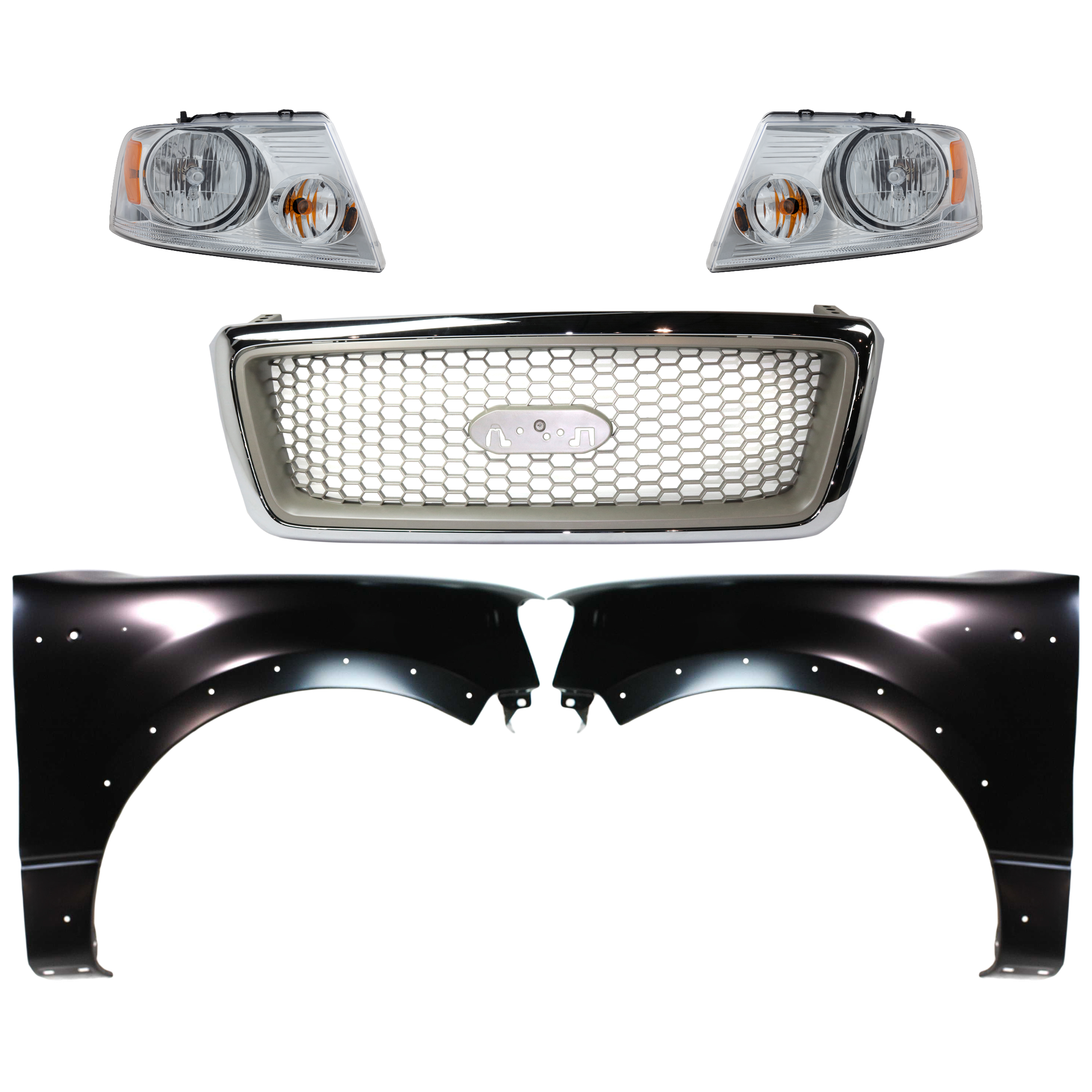 AM F 150-04-06 GRILLE Chrome Shell with Beige Insert 5 pc Kit with Fenders and Headlights SKU KIT 022423-1020 Partslink FO1200427 FO1200502 FO1240232 FO1241232 FO2503201 FO2502201 OEM 4L3Z8200DA 7L3Z8200BA 5L3Z1600