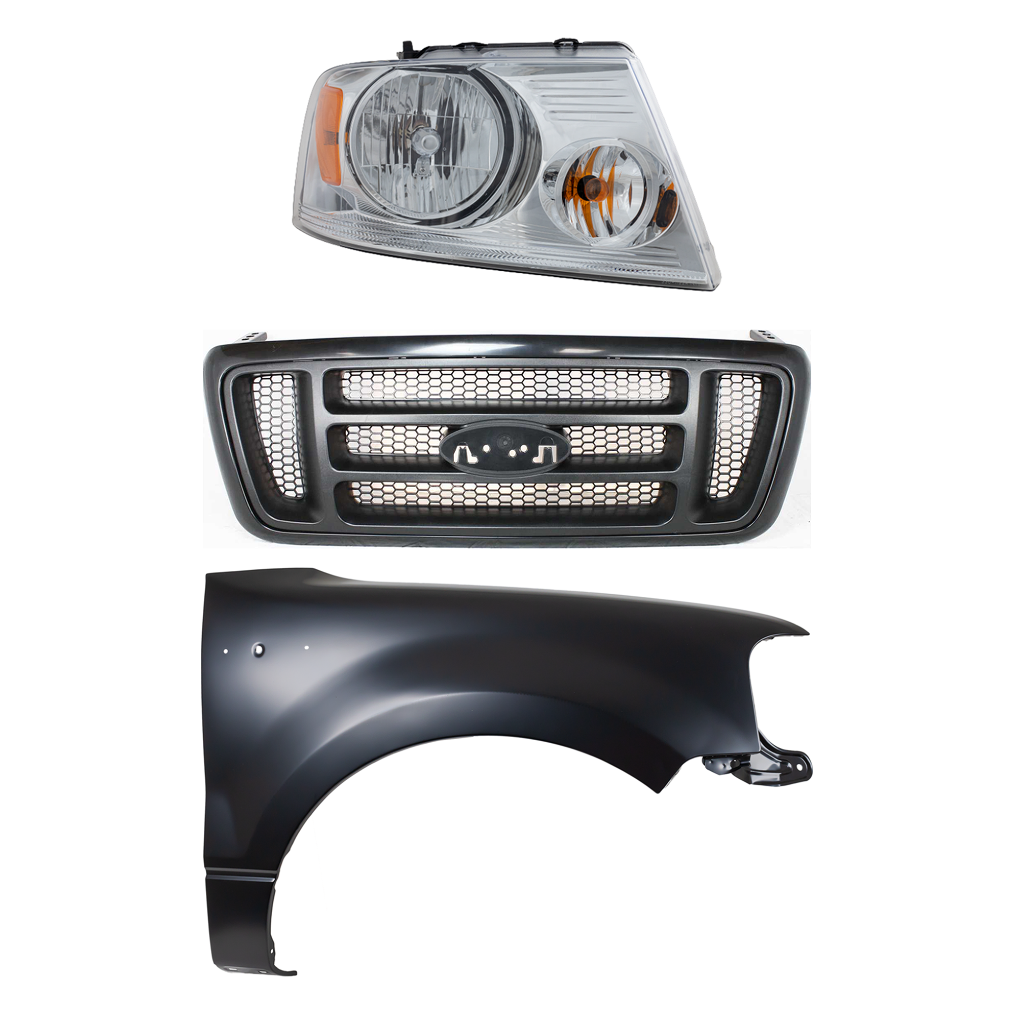AM F 150-04-06 HEAD LAMP RH Assembly Halogen 3 pc Kit with Fender and Grille Assembly SKU KIT 022423-102601 Partslink FO2503201 FO1241231 FO1200414 OEM 7L3Z13008FA 5L3Z16005AA 4L3Z82