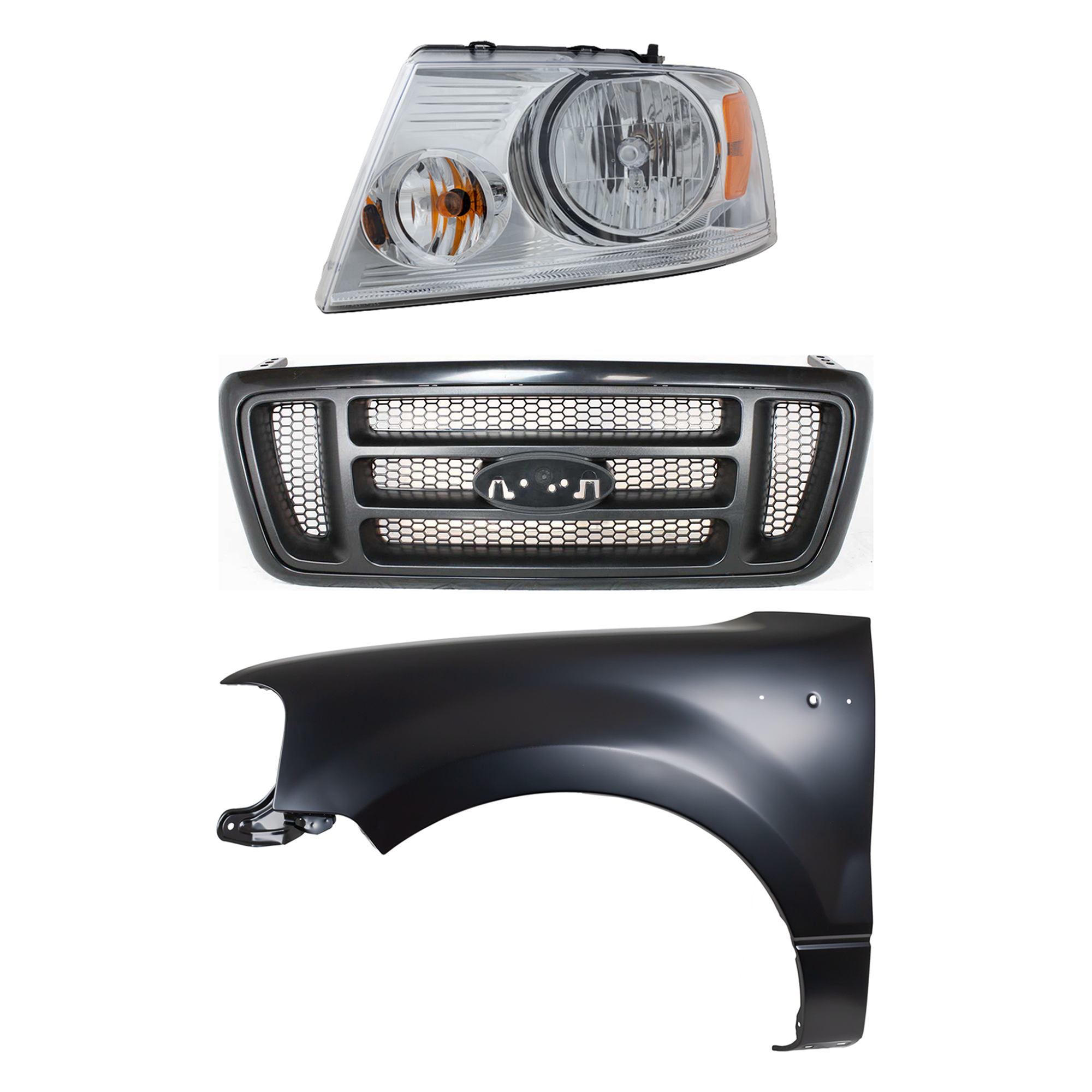 AM F 150-04-06 HEAD LAMP LH Assembly Halogen 3 pc Kit with Fender and Grille Assembly SKU KIT 022423-102602 Partslink FO2502201 FO1240231 FO1200414 OEM 7L3Z13008GA 5L3Z16006AA 4L3Z82