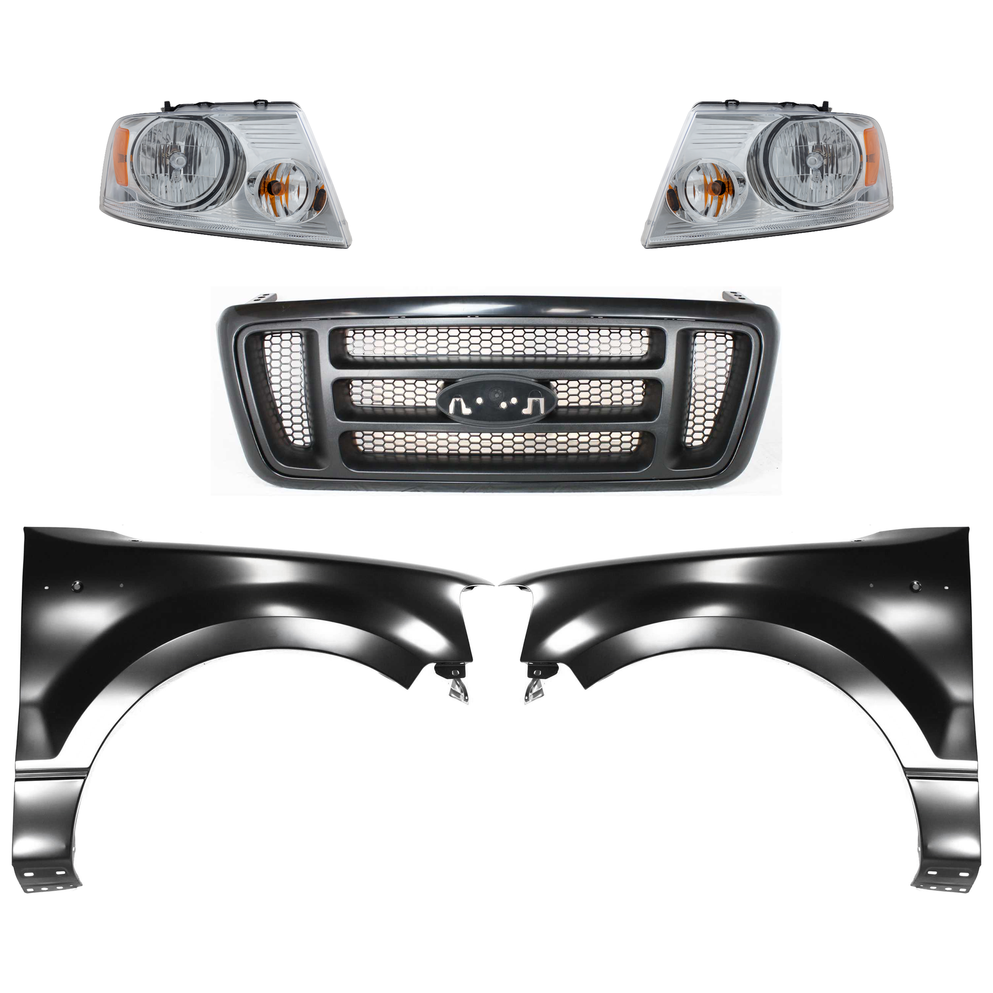 AM F 150-04-06 HEAD LAMP RH AND LH Assembly Halogen 5 pc Kit with Fenders and Grille Assembly SKU KIT 022423-1026 Partslink FO2502201 FO2503201 FO1241231 FO1240231 FO1200414 OEM 7L3Z13008FA 7L3Z13008GA 5L3Z16