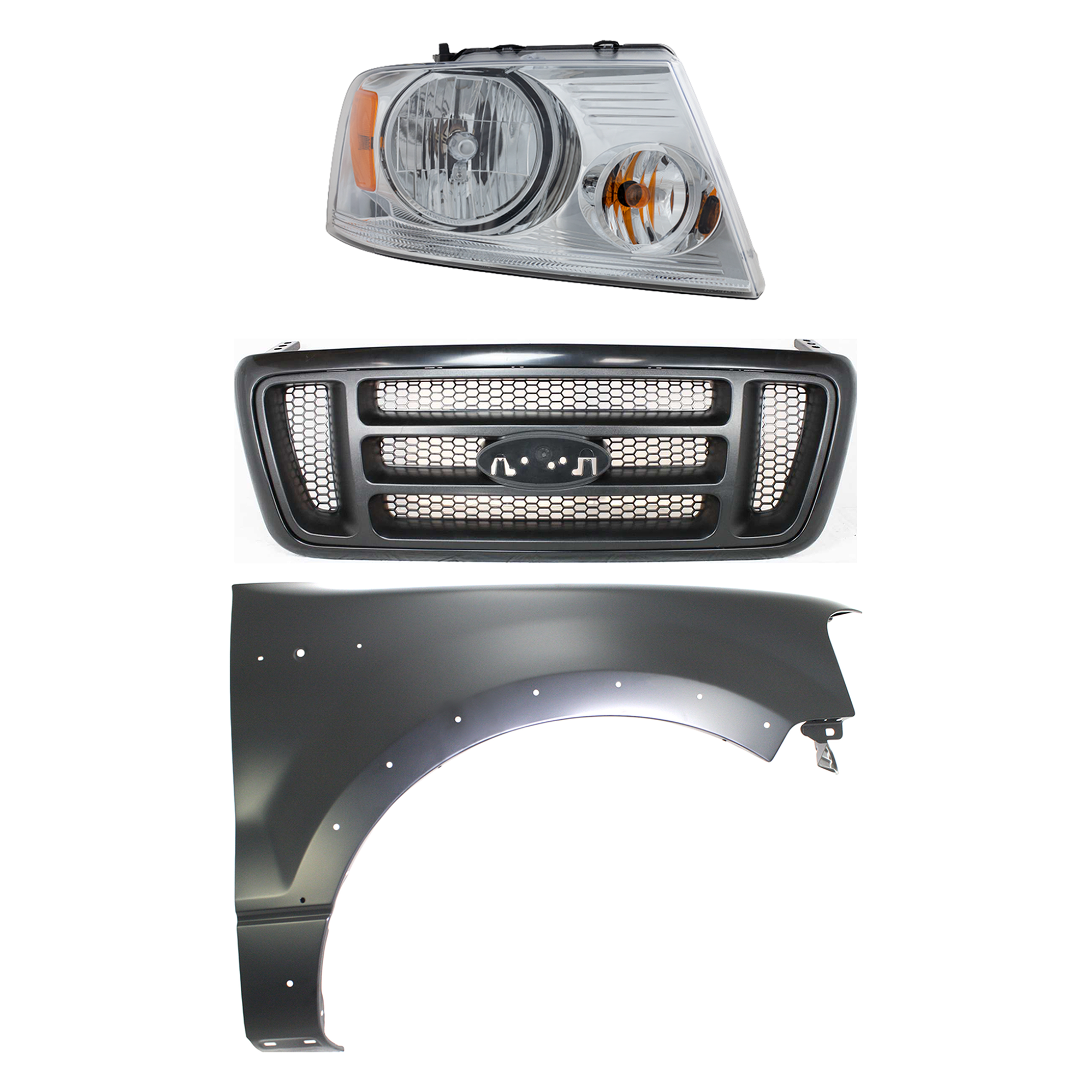 AM F 150-04-06 HEAD LAMP RH Assembly Halogen 3 pc Kit with Fender and Grille Assembly SKU KIT 022423-102801 Partslink FO2503201 FO1241232 FO1200414 OEM 7L3Z13008FA 5L3Z16005BA 4L3Z82