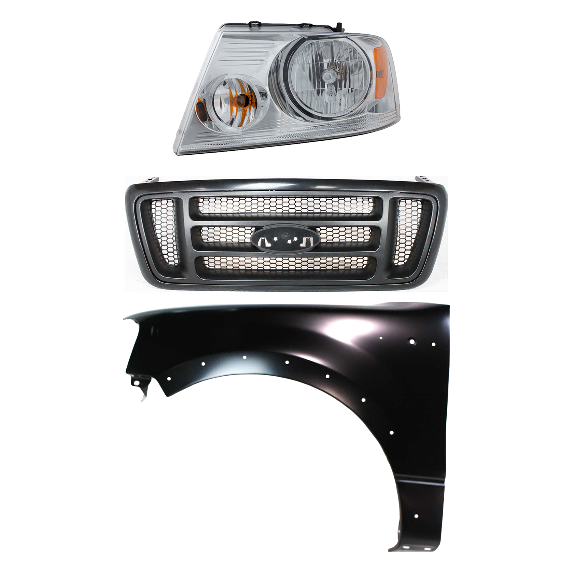 AM F 150-04-06 HEAD LAMP LH Assembly Halogen 3 pc Kit with Fender and Grille Assembly SKU KIT 022423-102802 Partslink FO2502201 FO1240232 FO1200414 OEM 7L3Z13008GA 5L3Z16006BA 4L3Z82