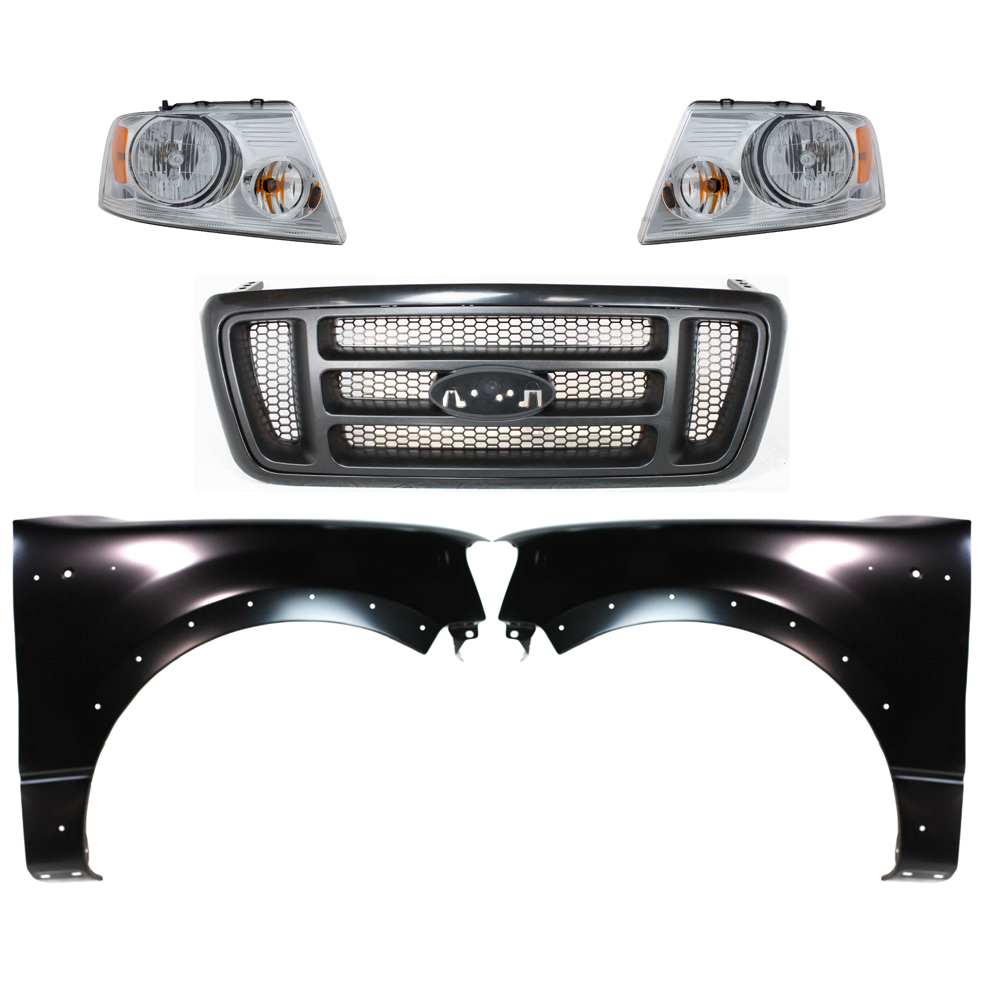 AM F 150-04-06 HEAD LAMP RH AND LH Assembly Halogen 5 pc Kit with Fenders and Grille Assembly SKU KIT 022423-1028 Partslink FO2502201 FO2503201 FO1240232 FO1241232 FO1200414 OEM 7L3Z13008FA 7L3Z13008GA 5L3Z16